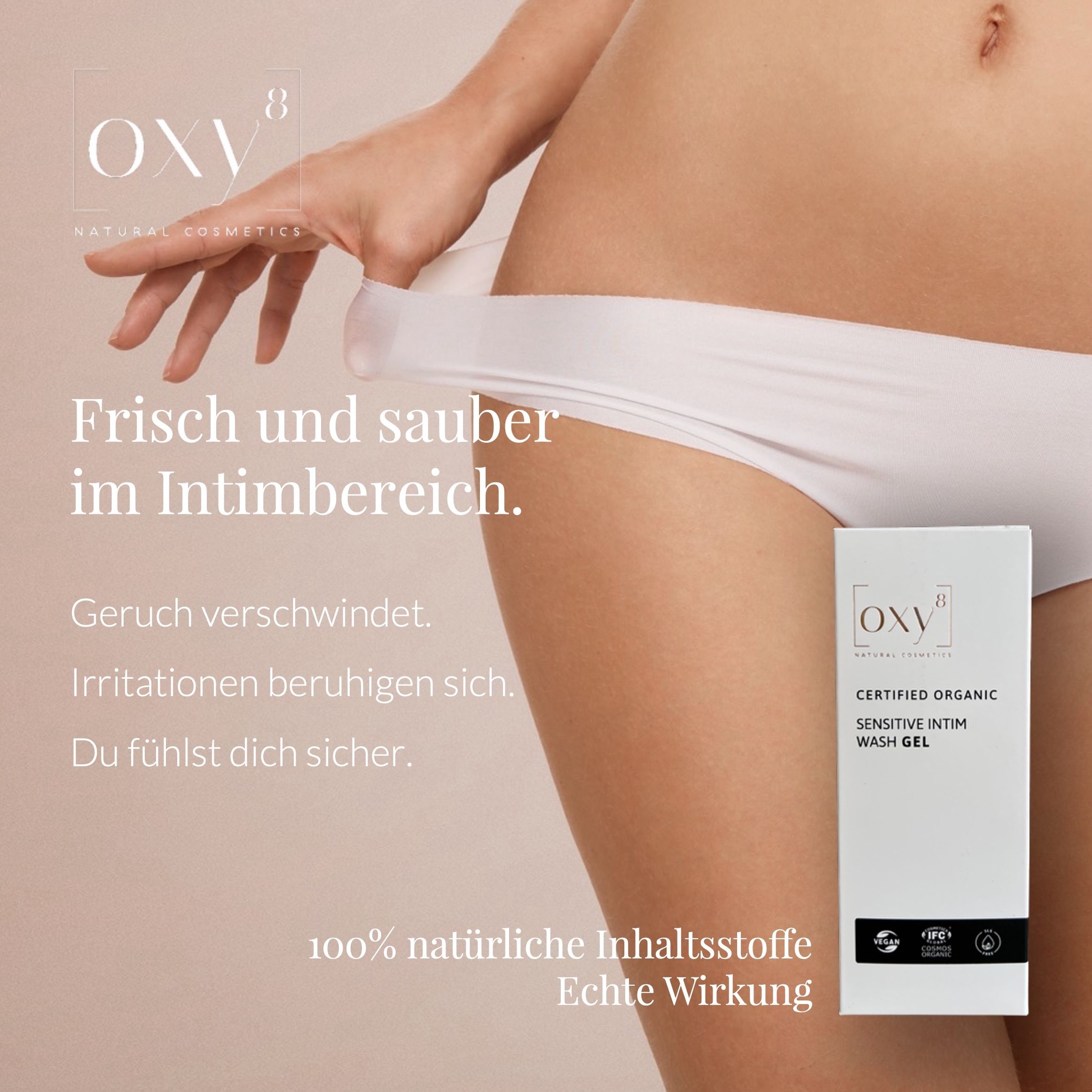 Frau in Unterwäsche. Produktverpackung. Text. Vegan- und Bio-Siegel.