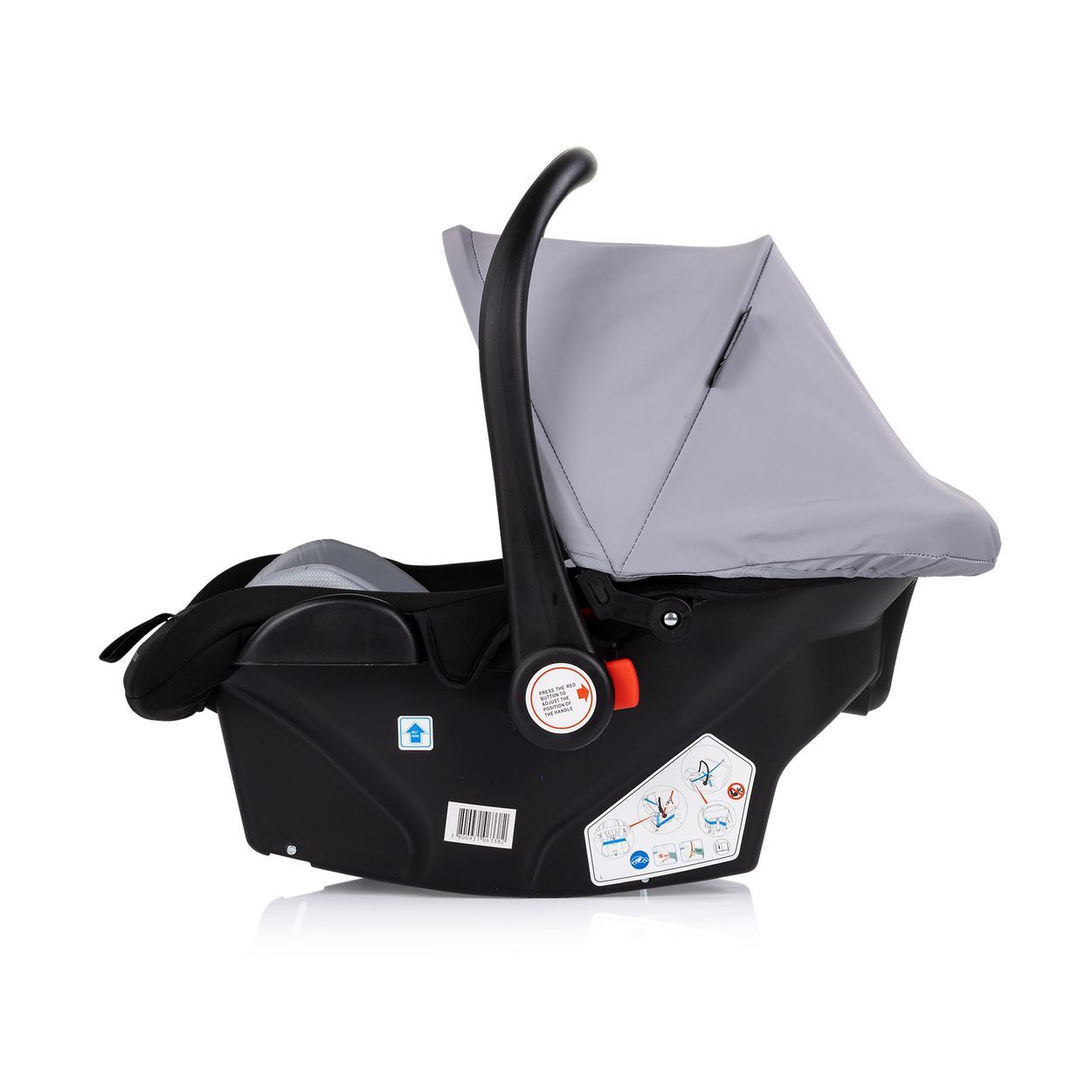 Schwarze Babyschale mit grauem Verdeck und Tragegriff, Seitenansicht.