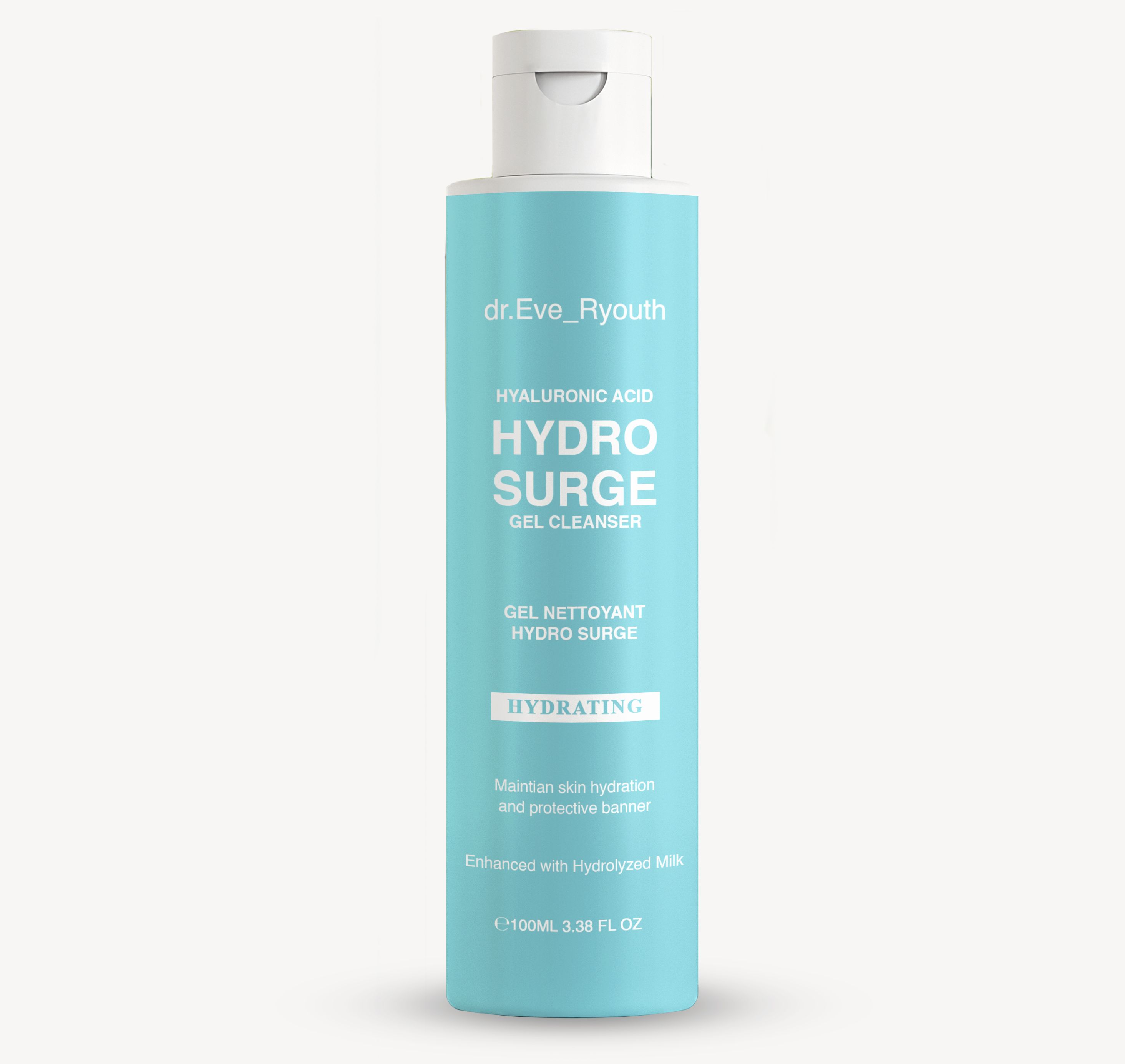 Hellblaue Flasche mit weißem Deckel. Produktname: Hyaluronsäure Hydro Surge Gel Cleanser. Aufschrift: Hydrating.