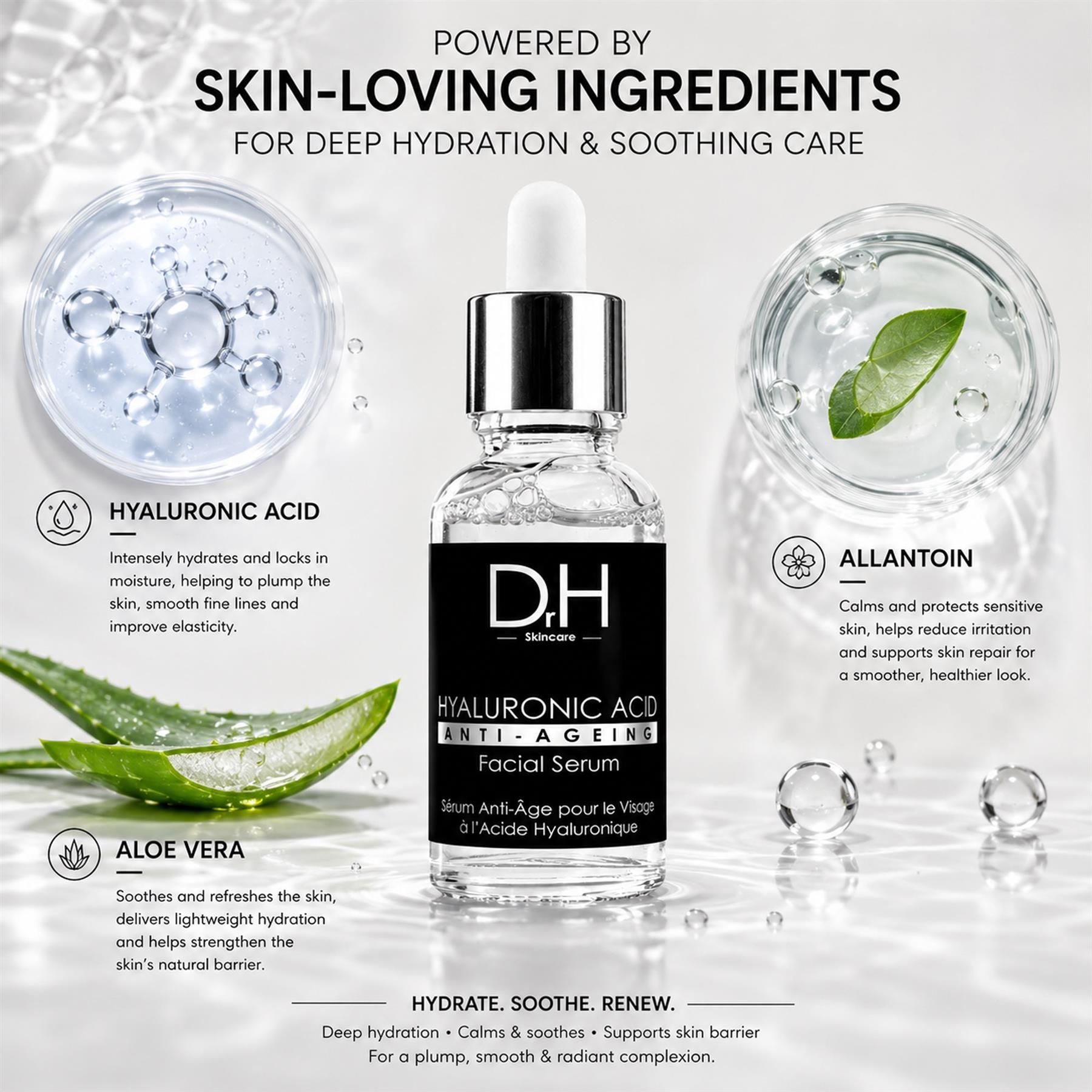 Dr H Hyaluronsäure Anti-Aging Gesichtsserum mit Aloe Vera und Allantoin, umgeben von Zutaten und Wassertropfen.