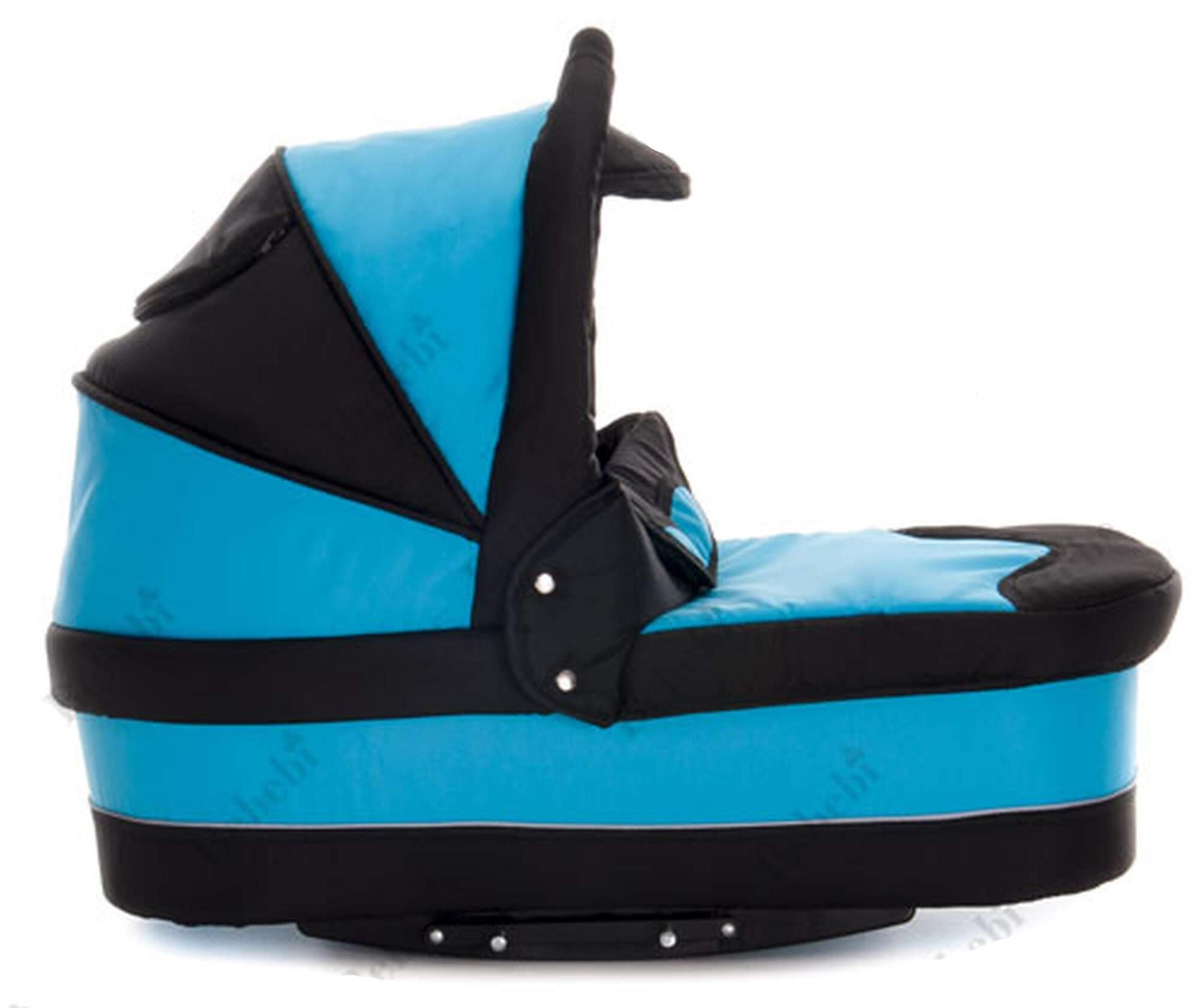 Babywanne in blau-schwarzem Design. Abgerundete Form, schwarze Details. Seitliche Ansicht.