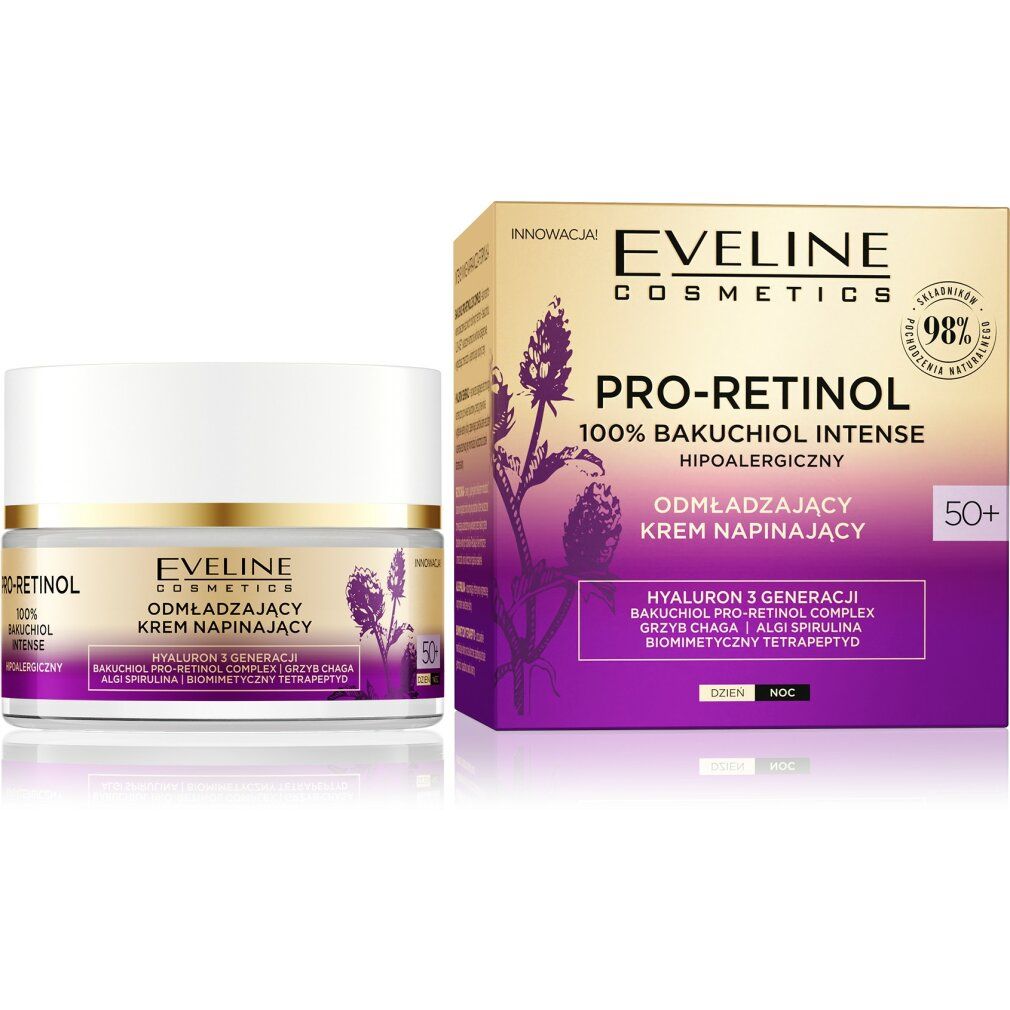 Creme-Tiegel und Schachtel. Aufschrift: Eveline Cosmetics Pro-Retinol 100% Bakuchiol Intense. 50+. Anti-Aging-Creme.