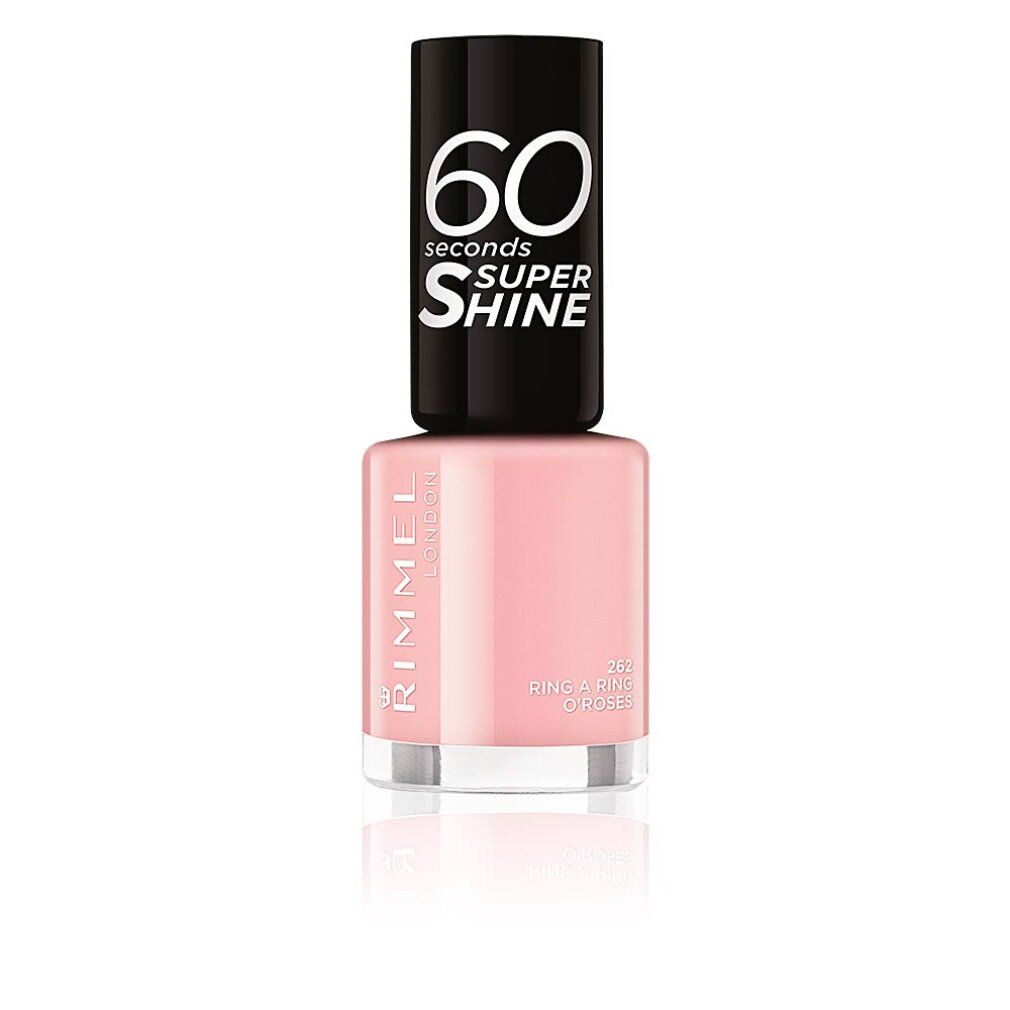 Rosa Nagellackflasche mit schwarzem Deckel. Aufschrift: 60 seconds, Super Shine, Rimmel London, 262 Ring a Ring o'Roses.