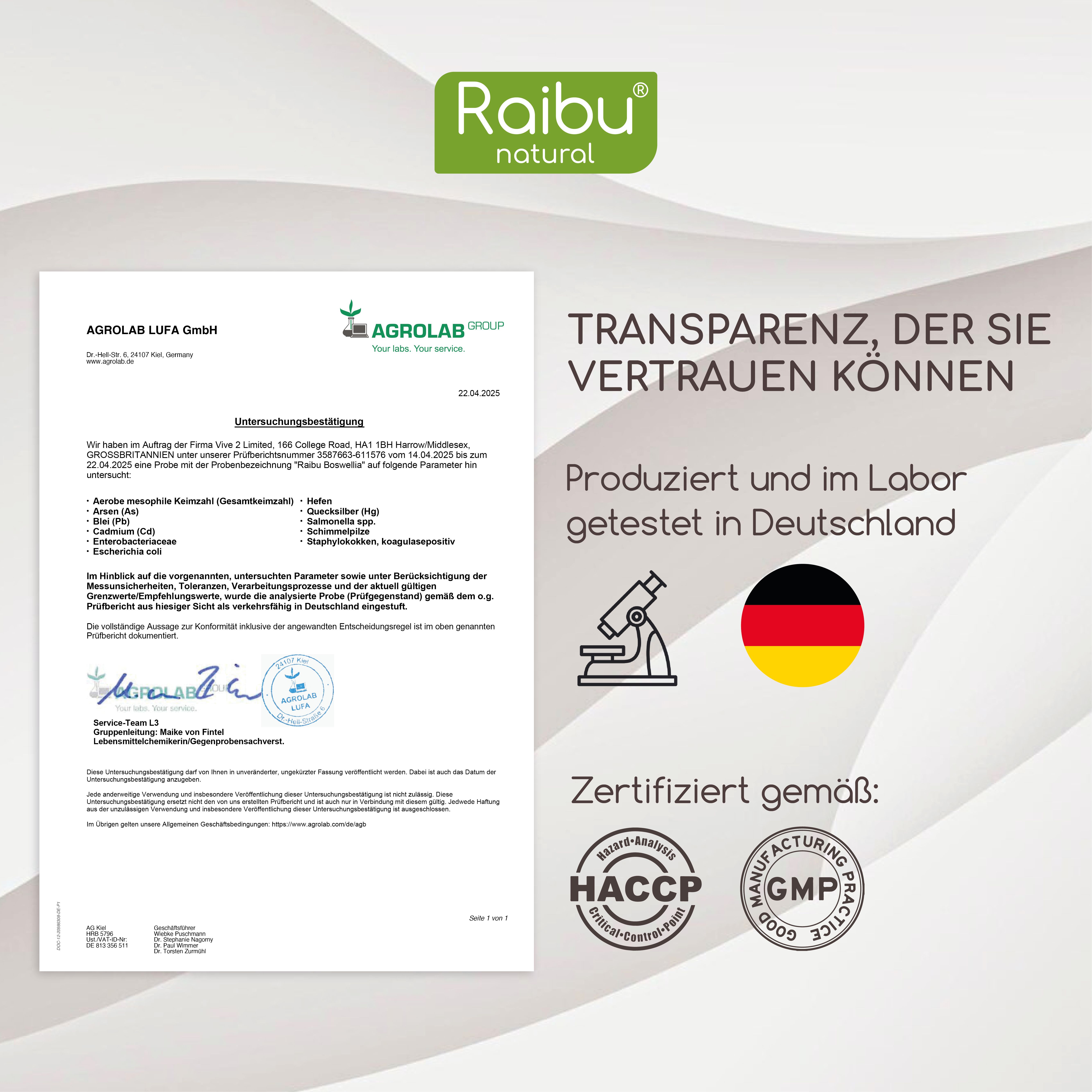 Schwarze Flasche mit Kapseln. Aufschrift: Raibu natural, Weihrauch, 85% Boswelliasäuren, 180 Kapseln. Text: 2200 mg Weihrauch-Extrakt.