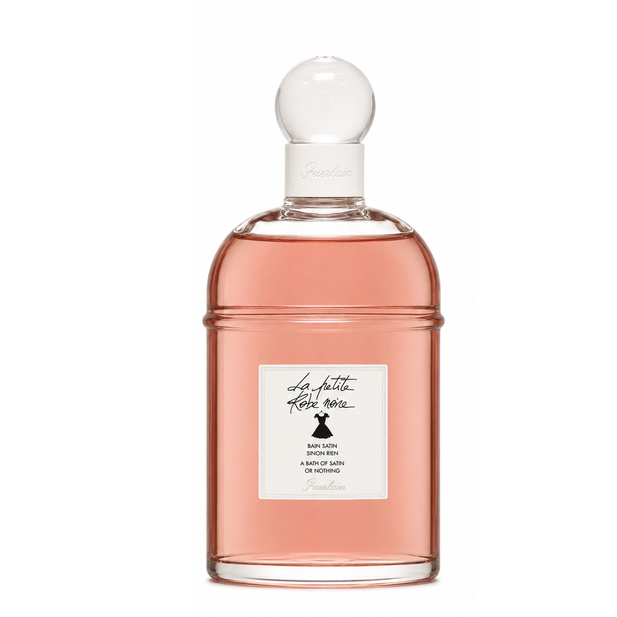 Guerlain La Petite Robe Noire Duschgel in klarer Glasflasche mit weißem Etikett.