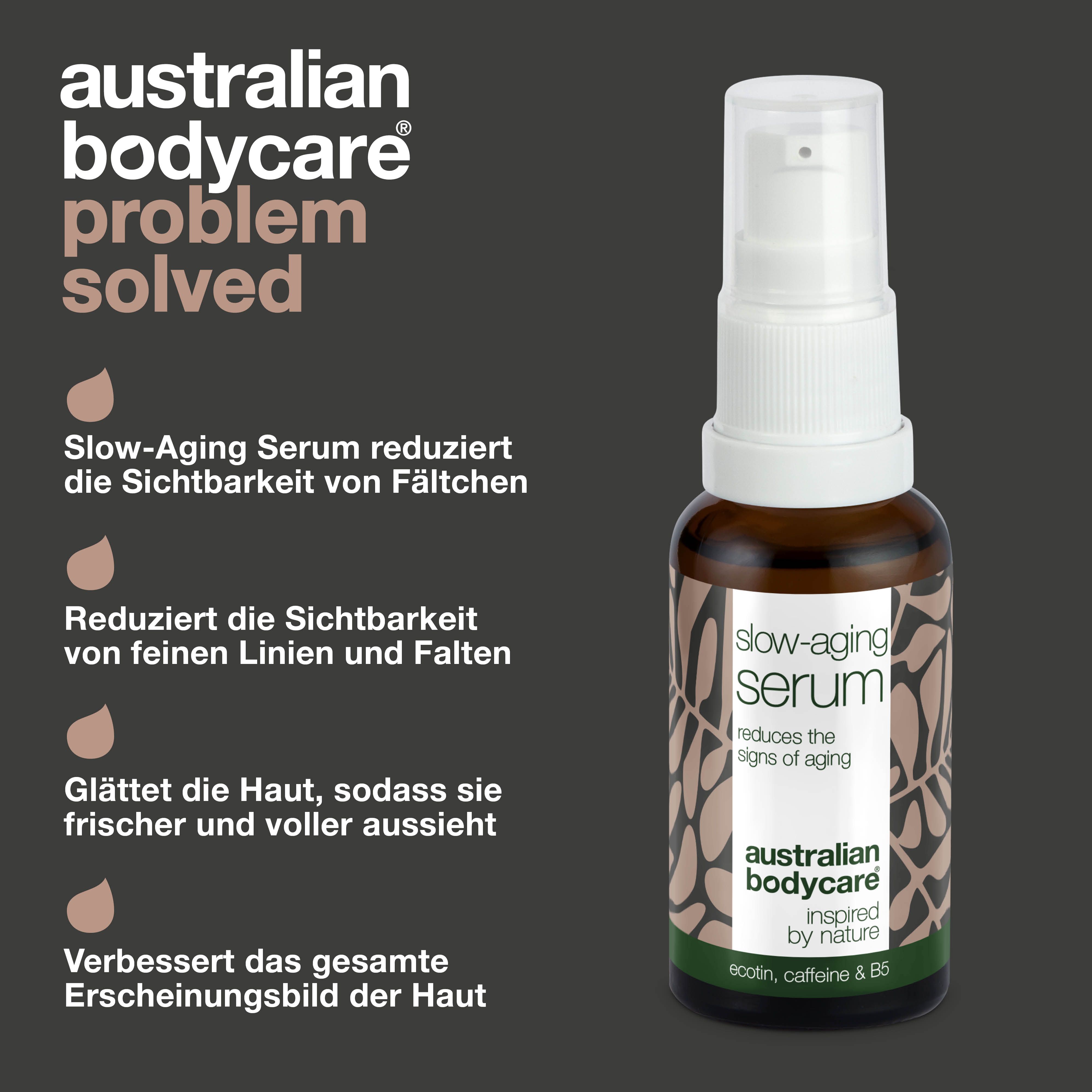 Serumflasche mit Text: Slow-Aging Serum reduziert Fältchen. Marke: australian bodycare.