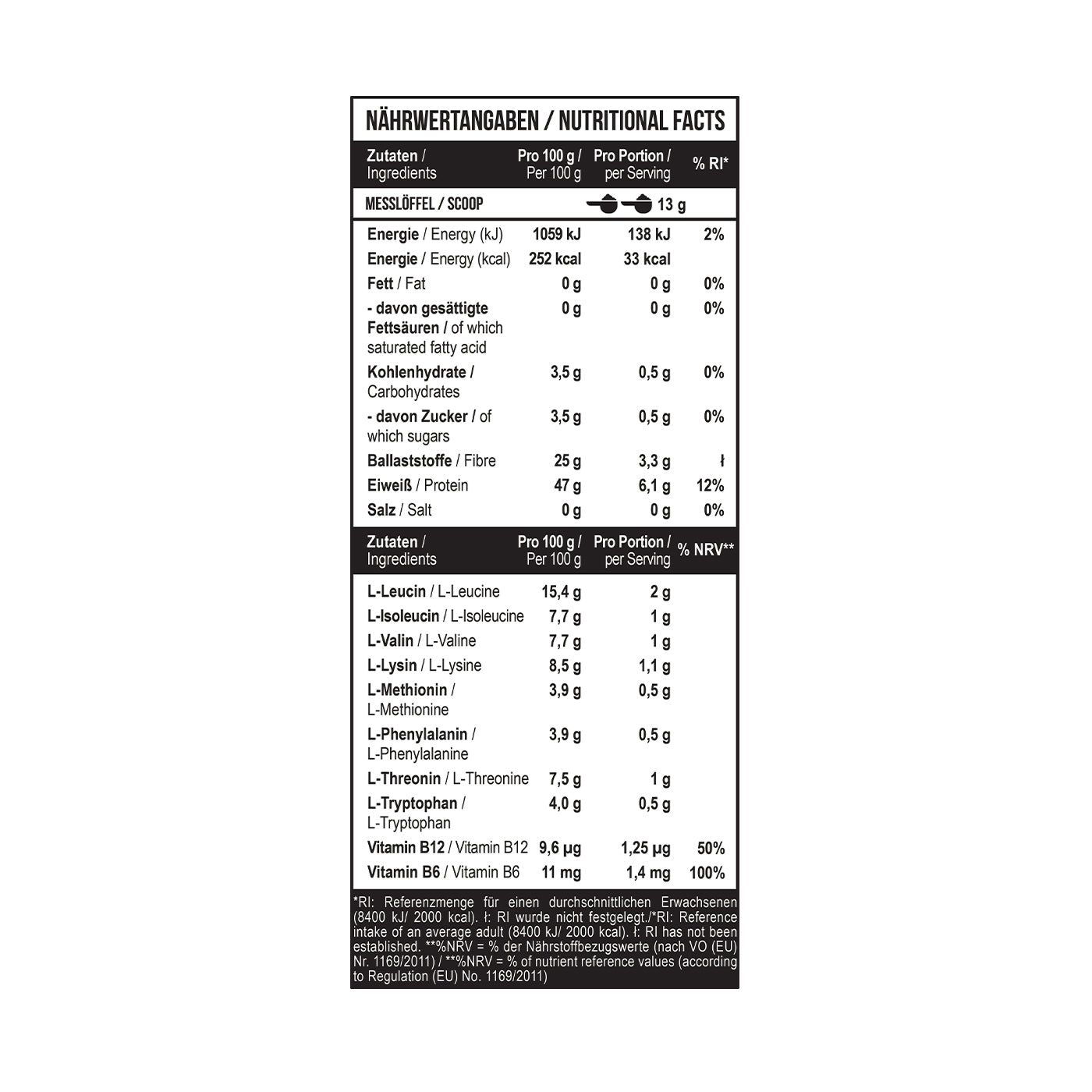 Nährwerttabelle für MST BCAA & EAA Pulver. Zeigt Energie, Kohlenhydrate, Protein und Aminosäuren pro 100g und Portion.