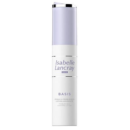 Weiß-lila Flasche. Text: Isabelle Lancray PARIS, BASIS, PEAUX A PROBLEMES - LOTION APAISANTE, PROBLEM SKIN SOOTHING LOTION.