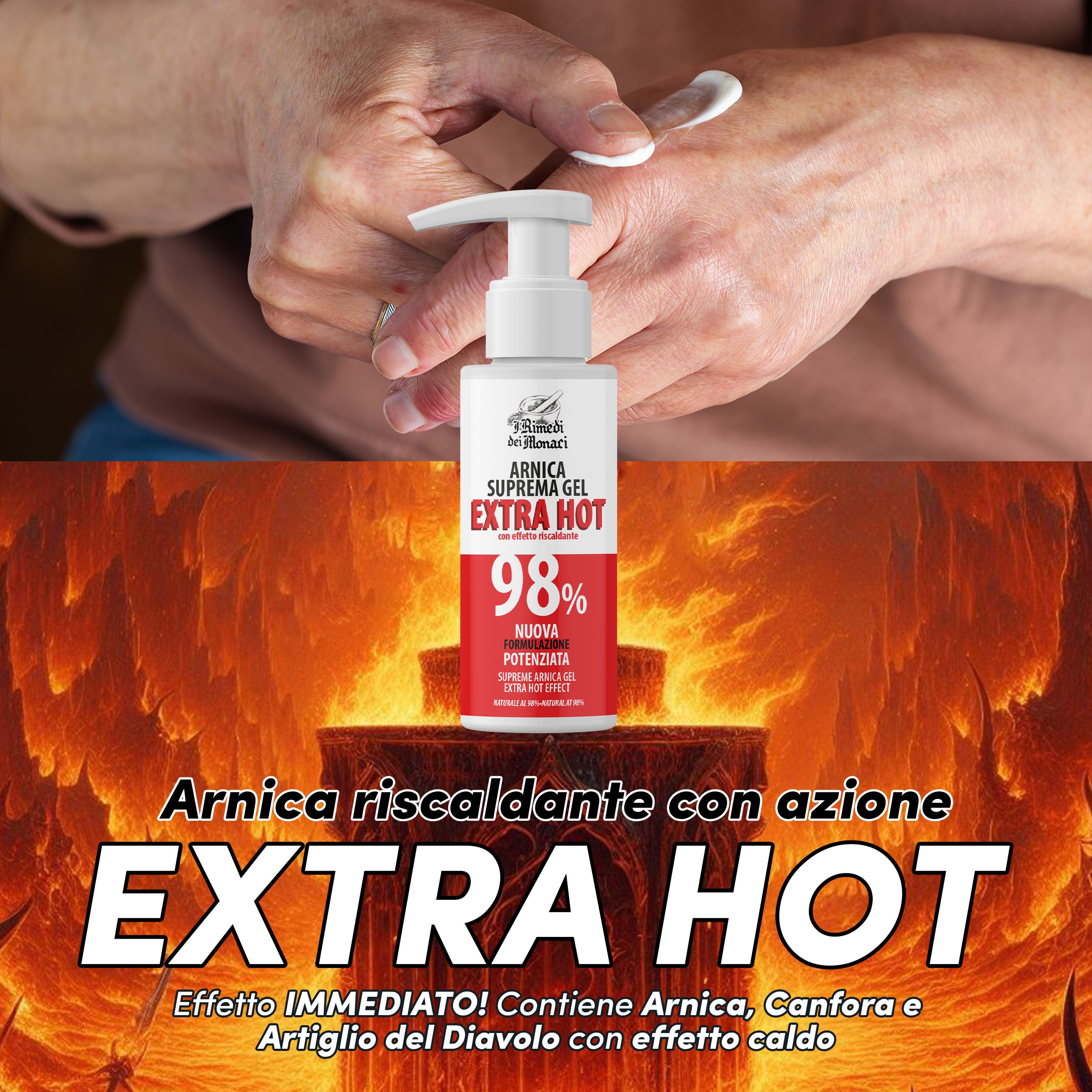 Weißer Pump-Spender mit rotem Etikett. Text: Arnika Suprema Gel Extra Hot 98%. Gel wird auf Hand aufgetragen.