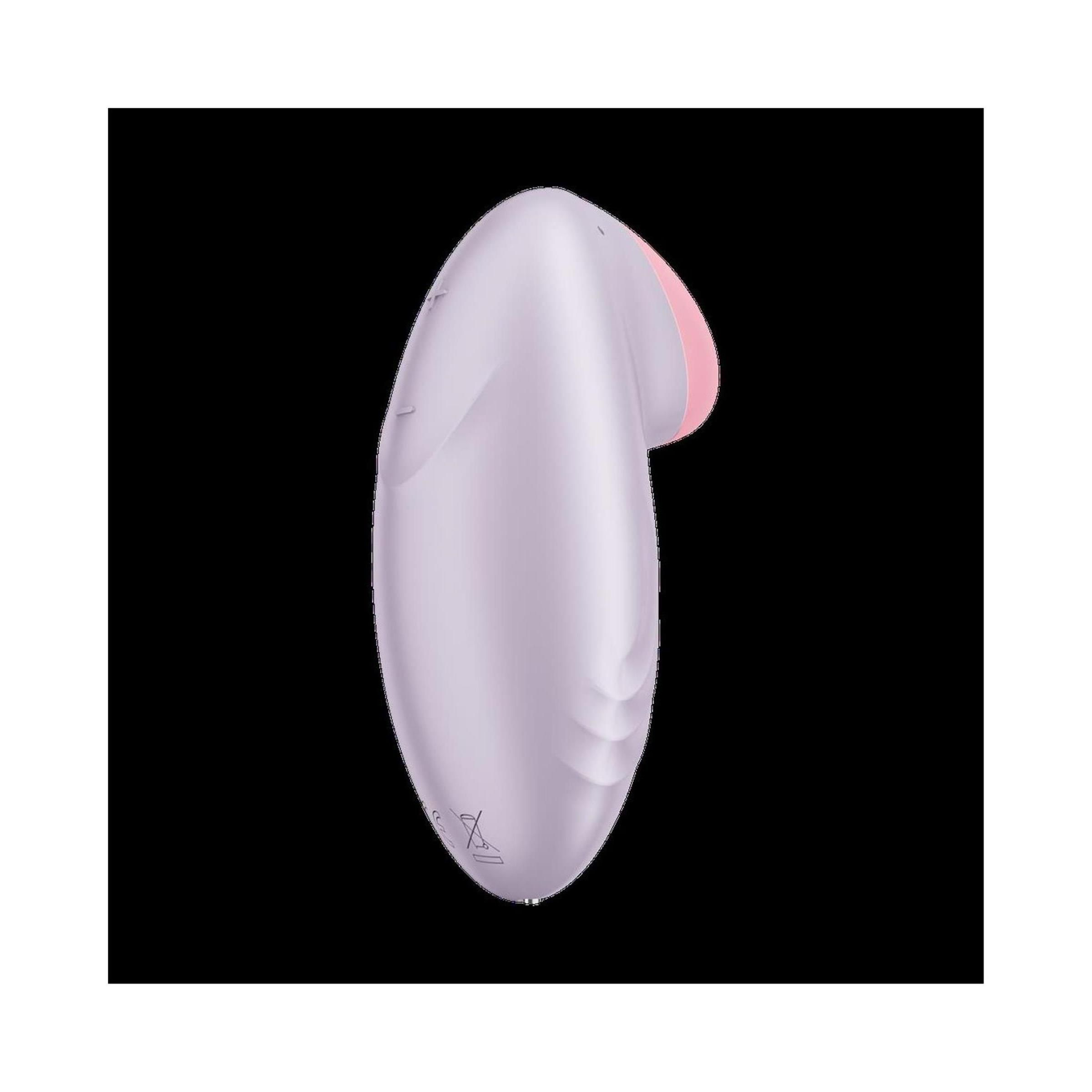 Vibrator, lila mit rosa Spitze. Tropfenförmig, mit geriffelter Oberfläche. Ansicht von der Seite.