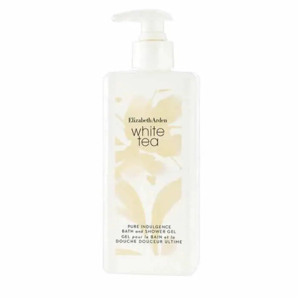 Weißes Duschgel mit Pumpverschluss. Aufschrift: Elizabeth Arden White Tea. 13 Fl.oz. 390ml.