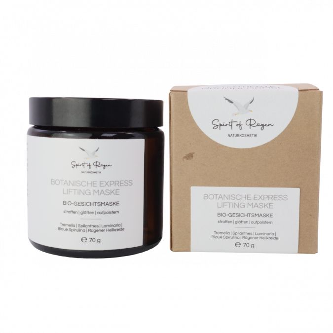 Braune Glasdose und Karton. Dose mit schwarzem Deckel und Etikett. Karton mit Produktnamen. Aufschrift: Botanische Express-Lifting Maske, 70 g.