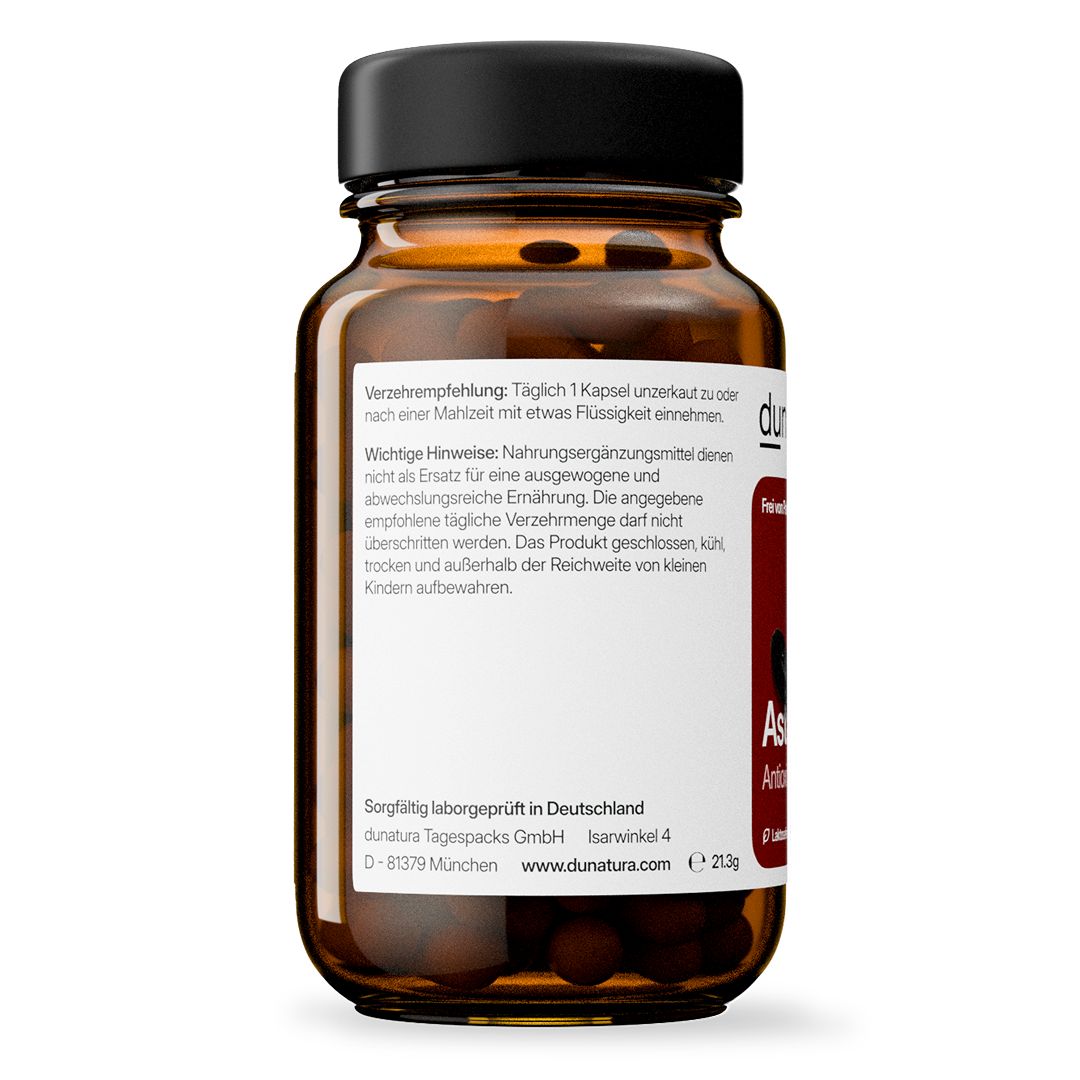 Rückseite der Flasche. Text: Verzehrempfehlung, wichtige Hinweise. Sorgfältig laborgeprüft in Deutschland. dunatura.de. 21,3g.
