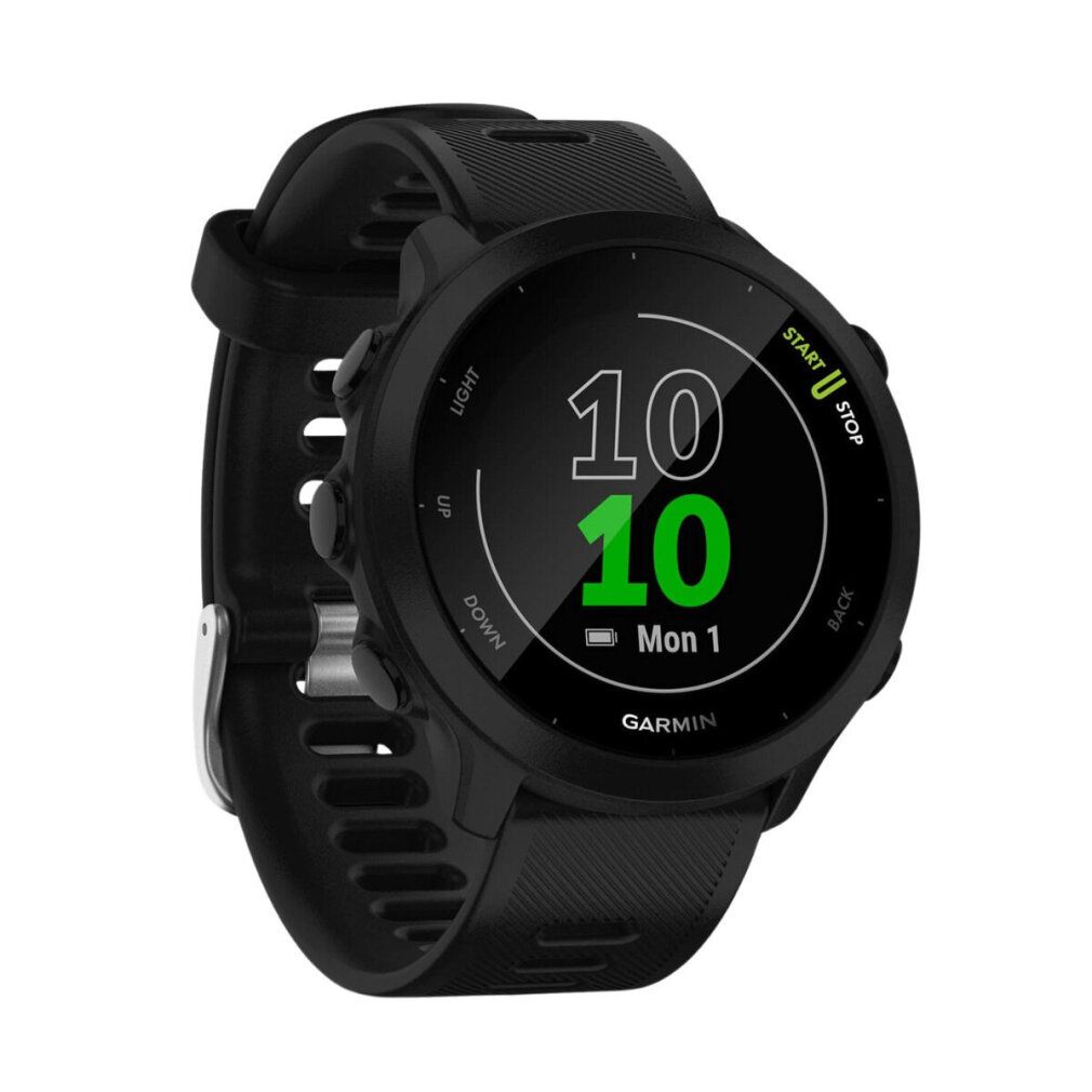 Schwarze Smartwatch mit rundem Zifferblatt. Zeigt Uhrzeit und Datum an. Marke Garmin.
