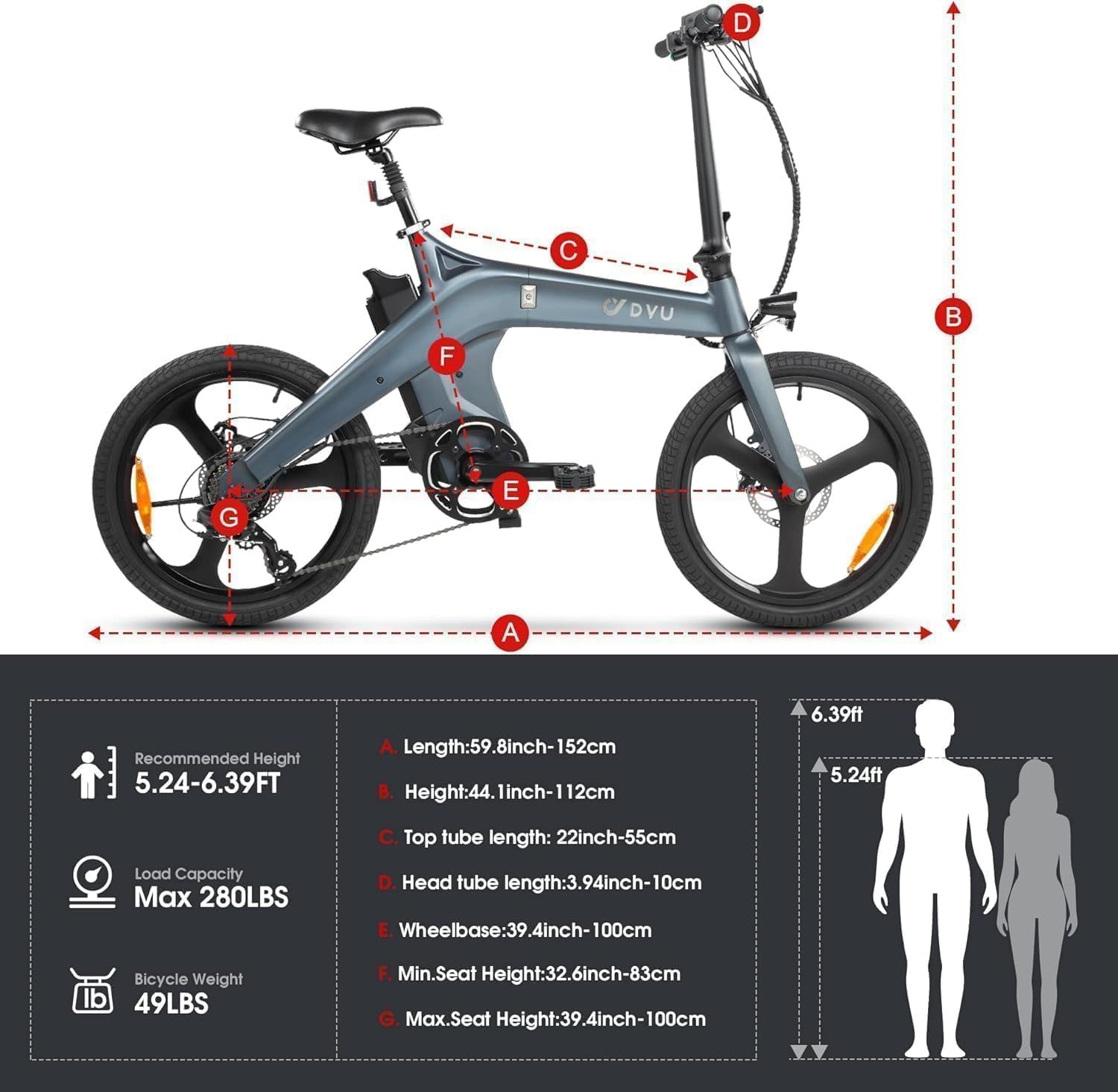 Diagramm mit Abmessungen des DYU E-Citybikes. Längen-, Höhen-, Radstand- und Gewichtsangaben. Personen-Silhouette.