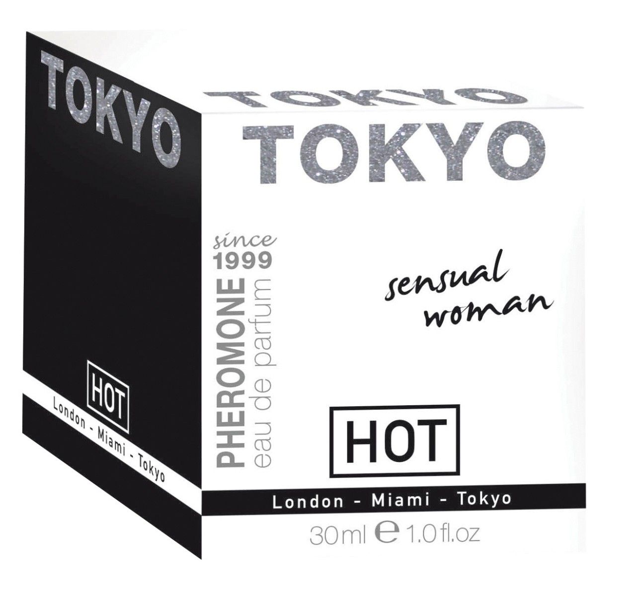 Verpackung, weiß mit schwarzem Akzent. Schriftzug TOKYO und sensual woman. Text Pheromone eau de parfum.