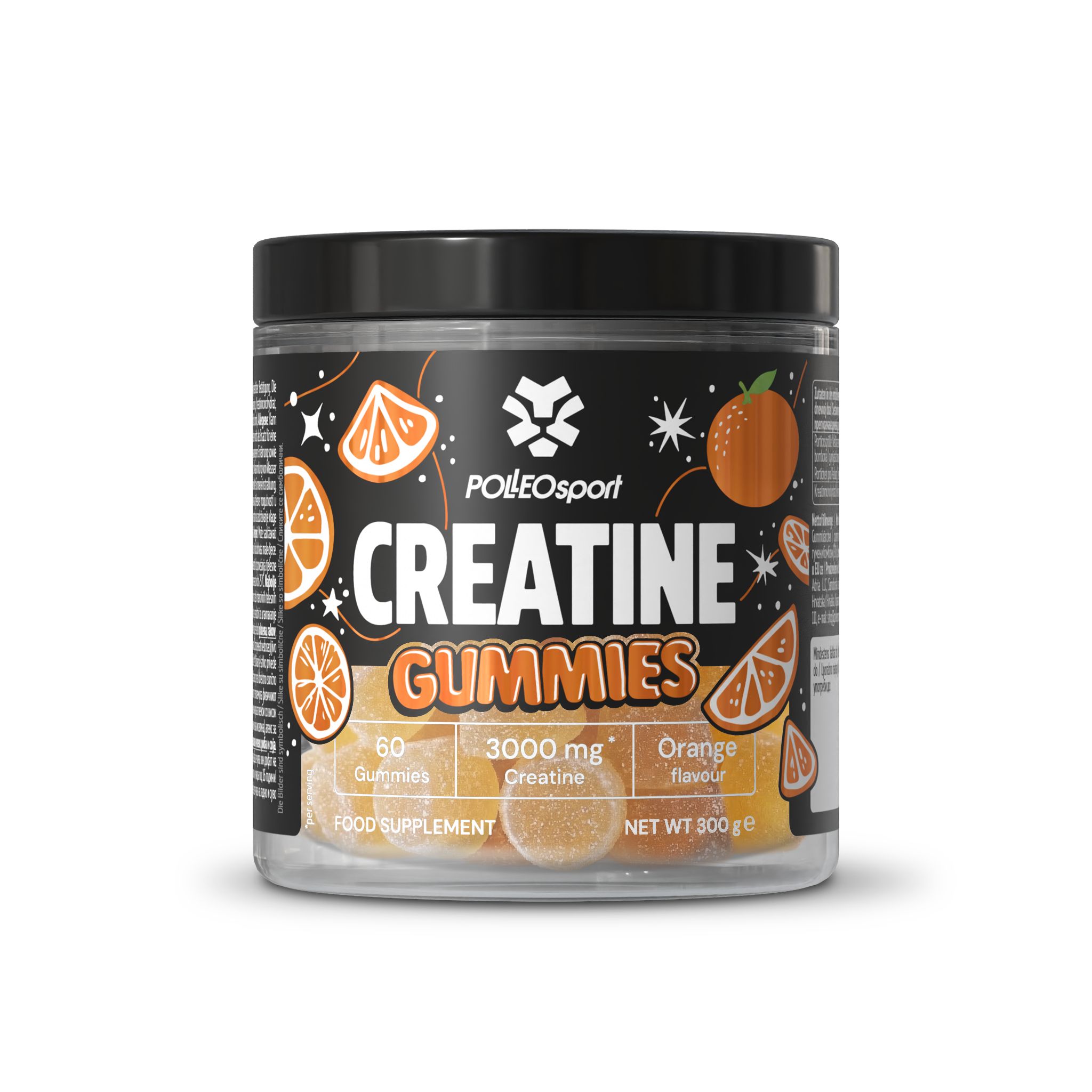 Runde Dose mit schwarzen Deckel. Aufschrift: CREATINE GUMMIES, 60 Gummies, 3000 mg Creatine, Orange flavored. Netto 300g.