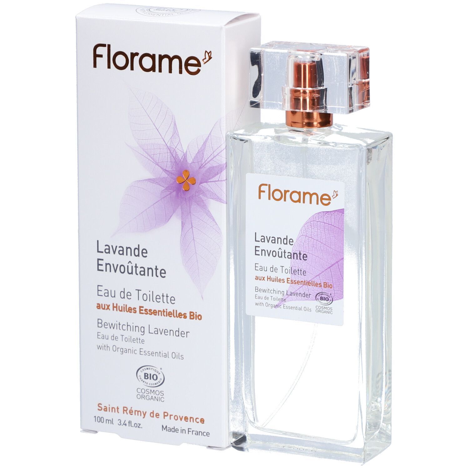 Flakon und Karton mit Produktbezeichnung und Logo. Aufschrift: Lavande Envoûtante, Eau de Toilette, Bio.