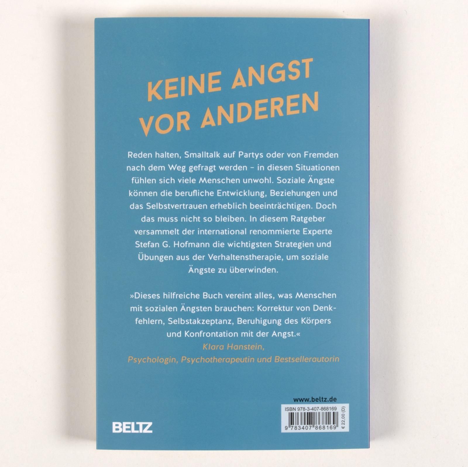 Buchrücken mit Titel: Keine Angst vor Anderen. Autor: Stefan G. Hofmann. Verlag: BELTZ. Text in deutscher Sprache.