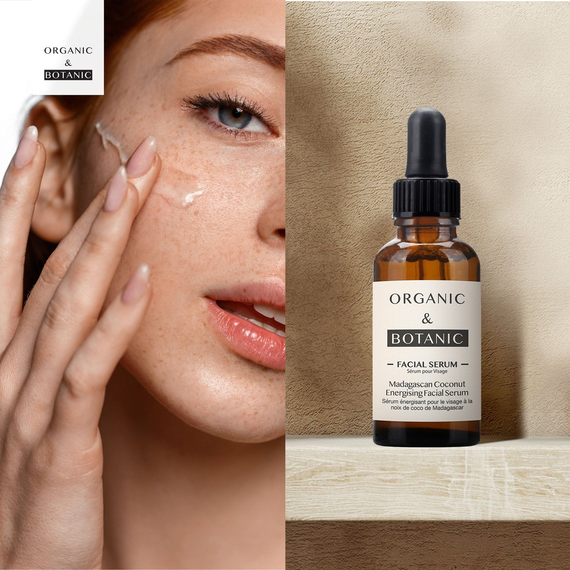 Produktflasche mit Pipette neben einer Frau, die Serum aufträgt. Text: "Organic & Botanic".