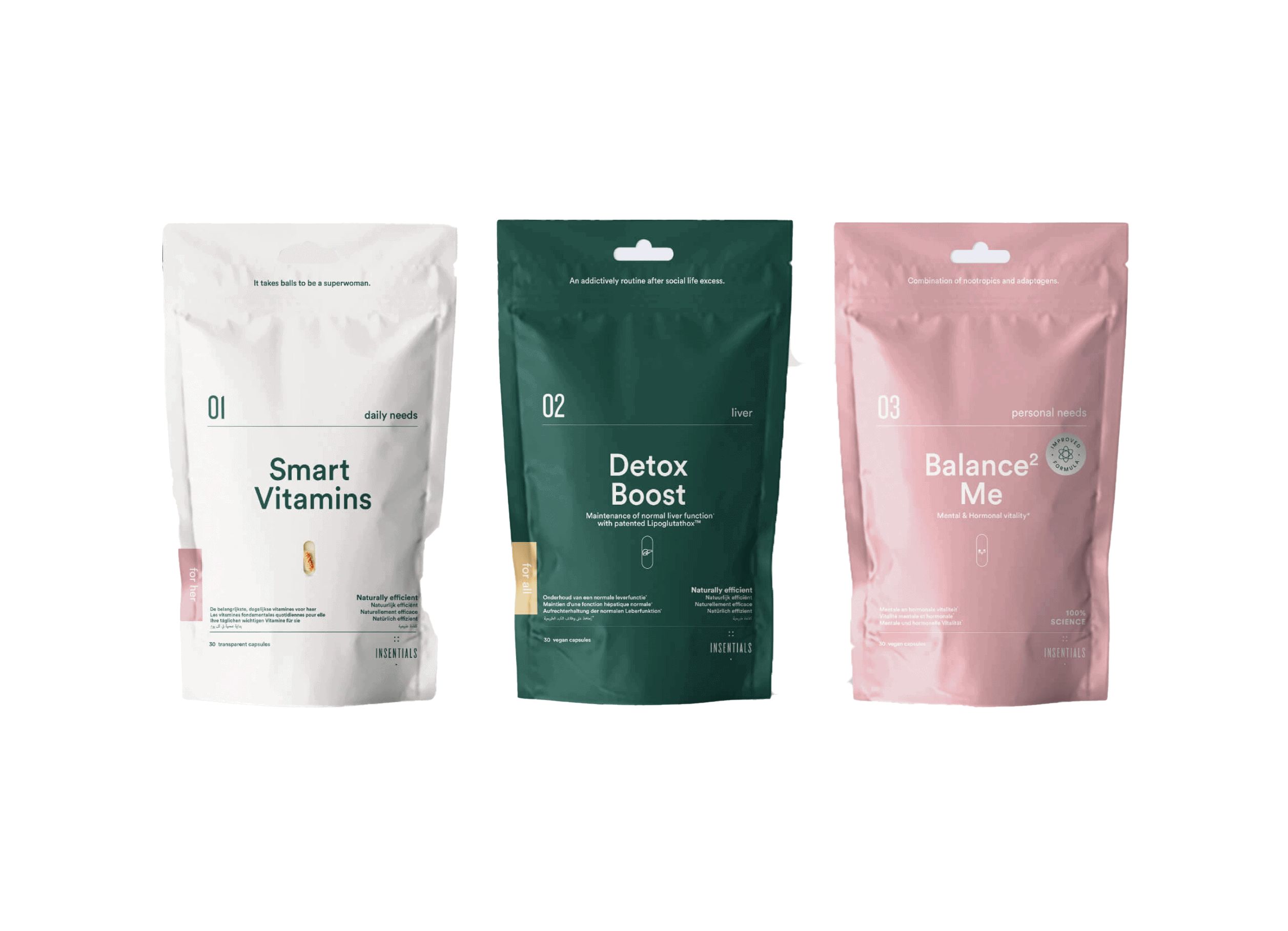 Drei Beutel: 'Smart Vitamins', 'Detox Boost' und 'Balance Me'.