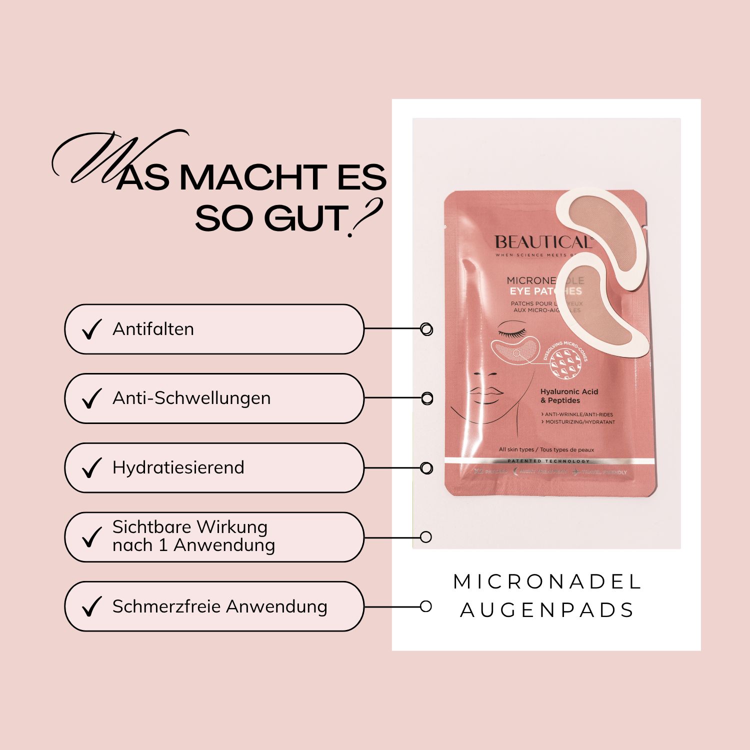 Rosa Verpackung mit BEAUTICAL Mikronadel-Augenpads. Text: Anti-Falten, sichtbare Ergebnisse, Feuchtigkeit.