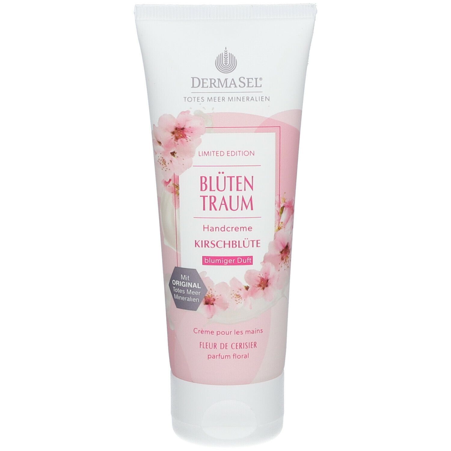 Handcreme-Tube, weiß, mit rosa Blütenmotiv. Text: DERMASEL, Blütentraum, Kirschblüte. Limited Edition. Blumiger Duft.