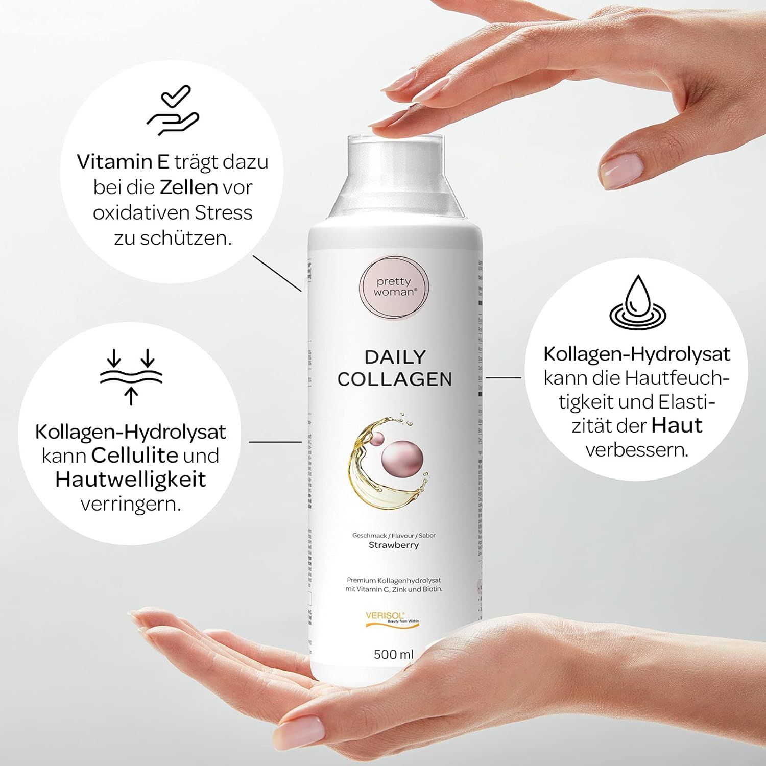 Weiße Flasche "Daily Collagen" in Händen. Text: "Vitamin E schützt Zellen", "Kollagen-Hydrolisat", "Hautfeuchtigkeit".