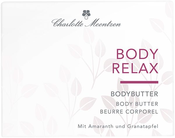 Verpackung von Charlotte Meentzen Body Relax Bodybutter. Text: Body Relax, Bodybutter, Beurre Corporel. Mit Amaranth und Granatapfel.