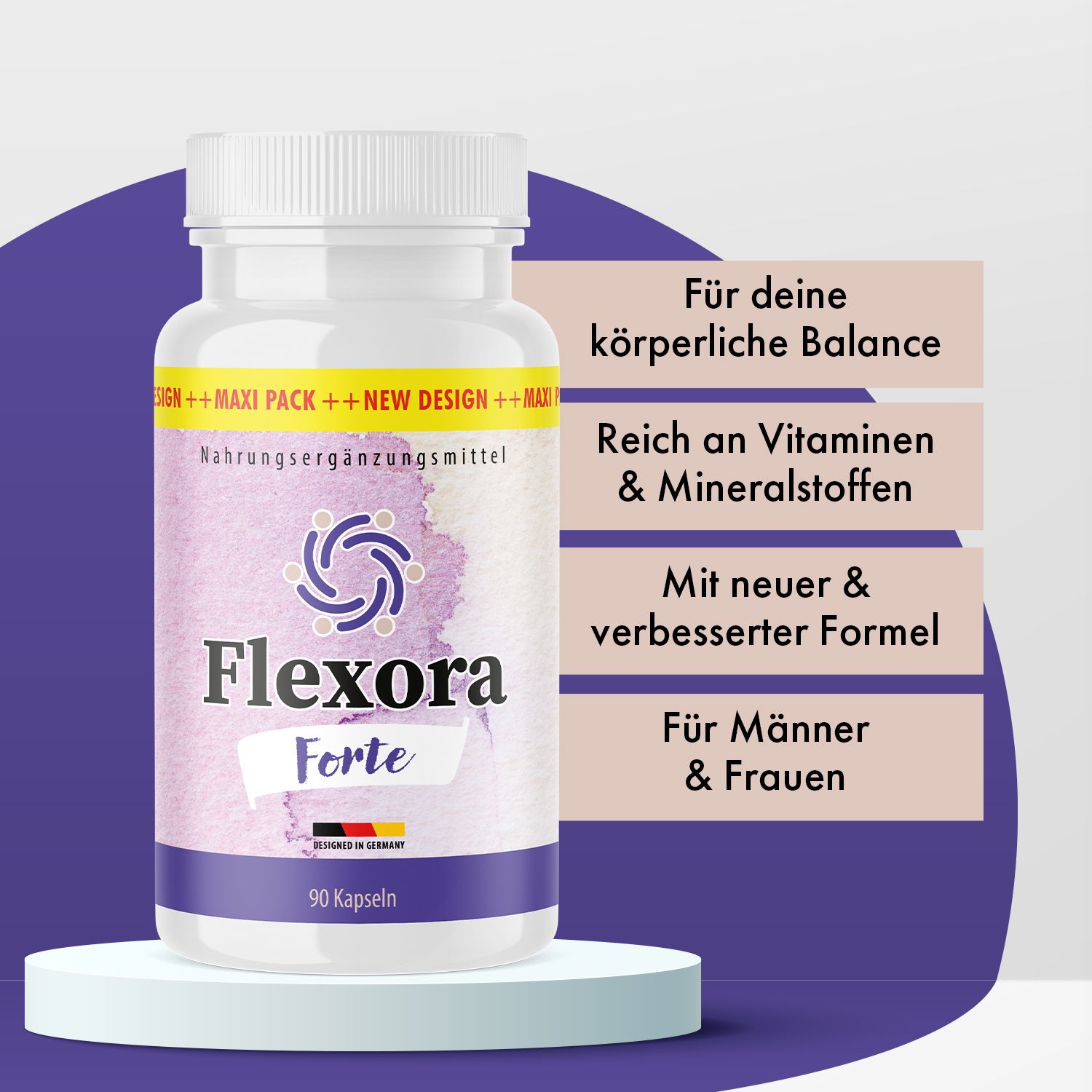 Flexora Forte Kapseln Flasche auf Podest. Textfelder: Für körperliche Balance, reich an Vitaminen, mit neuer Formel, für Männer & Frauen.