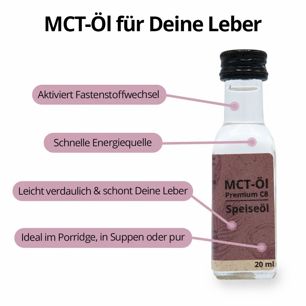 Kleine Flasche MCT-Öl. Enthält Text: MCT-Öl für Deine Leber. Beschriftung: Premium C8 Speiseöl, 20 ml.