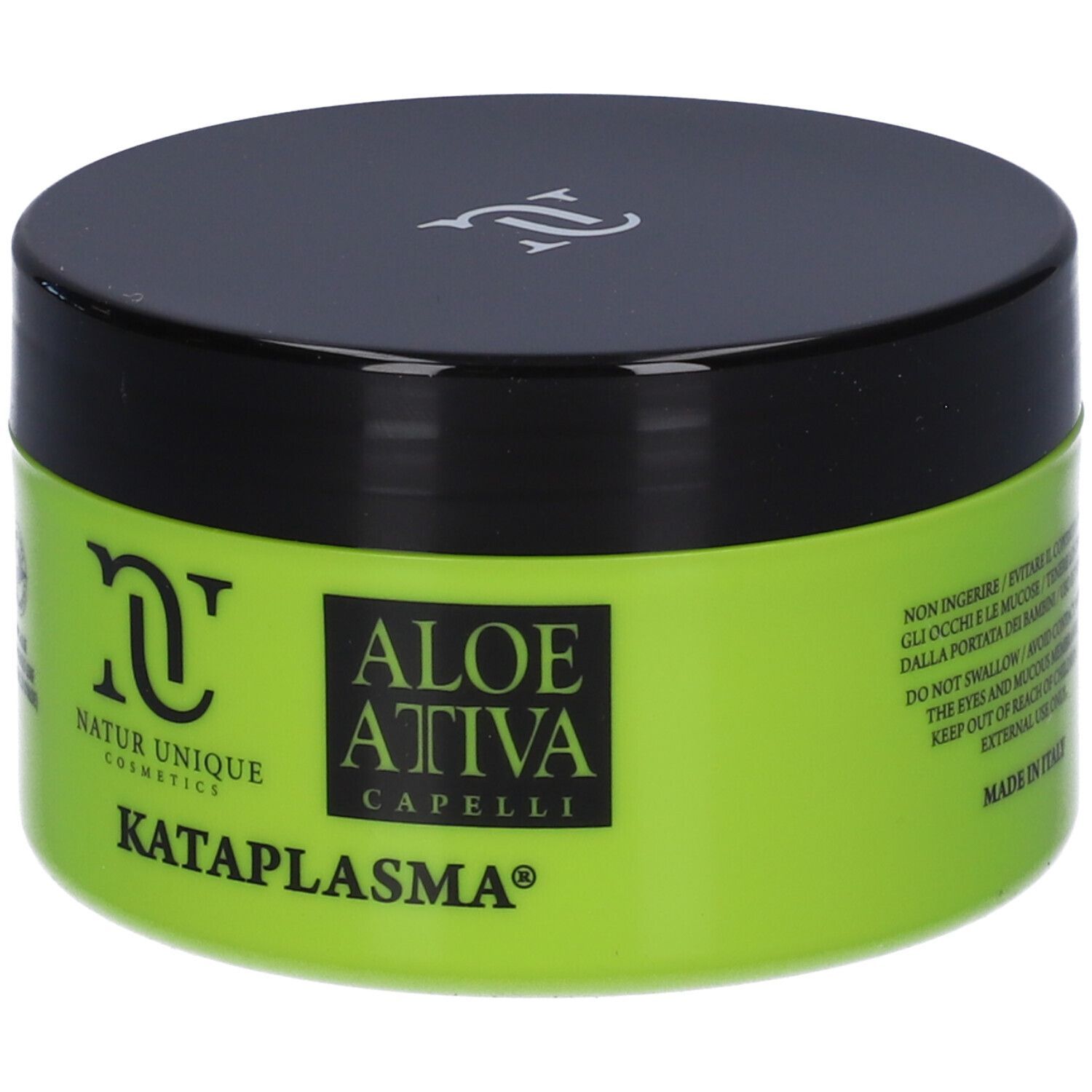 Grüner Tiegel mit schwarzem Deckel. Aufschrift: Natur Unique Cosmetics, Aloe Attiva Capelli, Kataplasma.