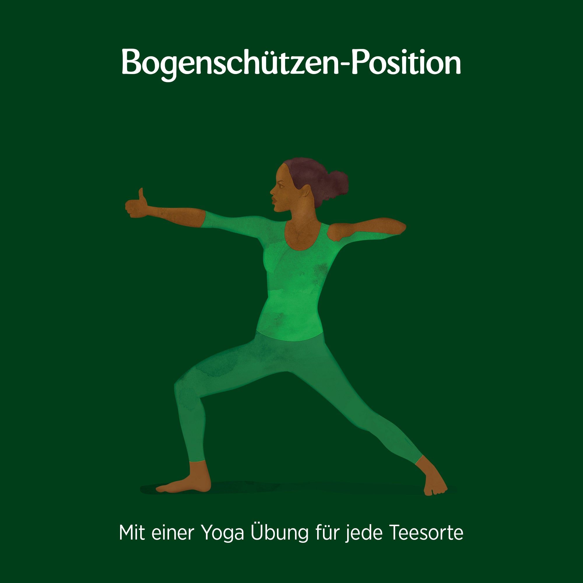 Illustration einer Person in der Bogenschützen-Yoga-Position, grüne Kleidung, auf grünem Hintergrund. Text: Bogenschützen-Position.