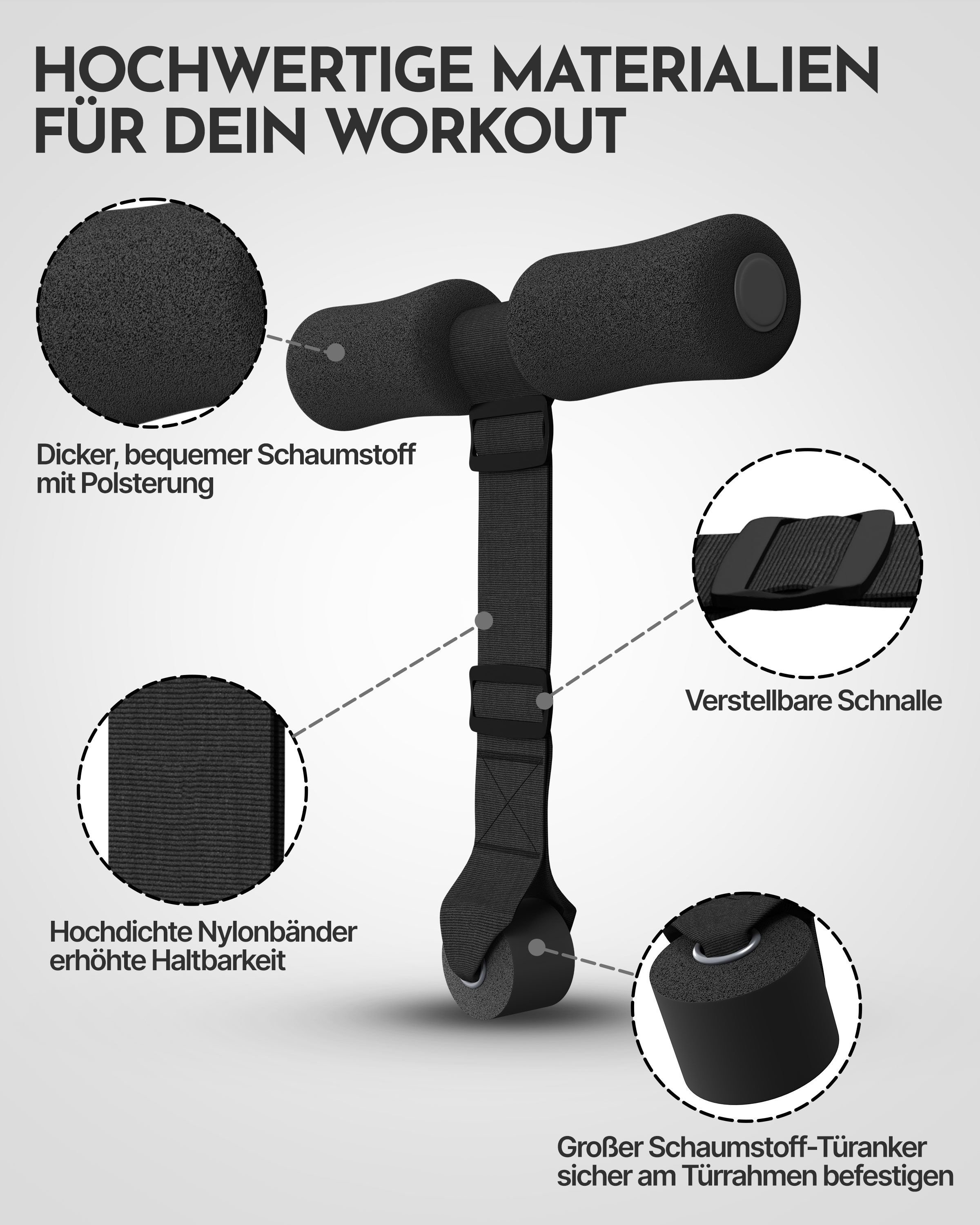 Detailansichten des Trainingsgeräts. Dick gepolsterter Schaumstoff, verstellbare Schnalle, Nylongurte, großer Schaumstoff-Türanker.