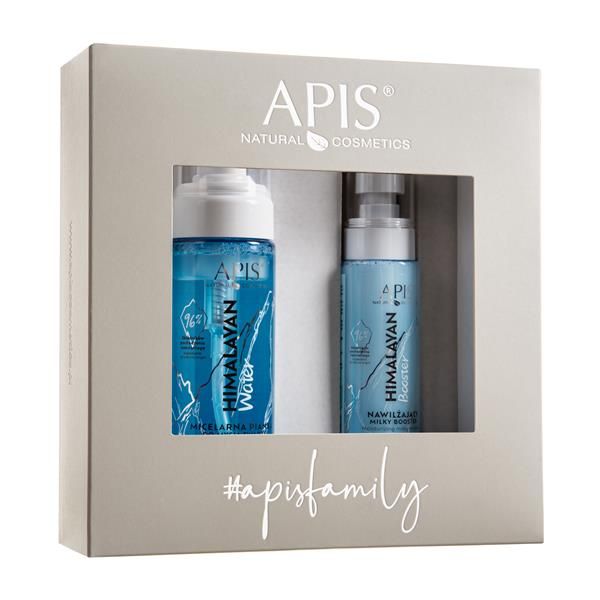 Geschenkset mit zwei Kosmetikprodukten in einer grauen Schachtel. Aufschrift: APIS NATURAL COSMETICS, #apisfamily. Produkte: Himalaya Water und Booster.