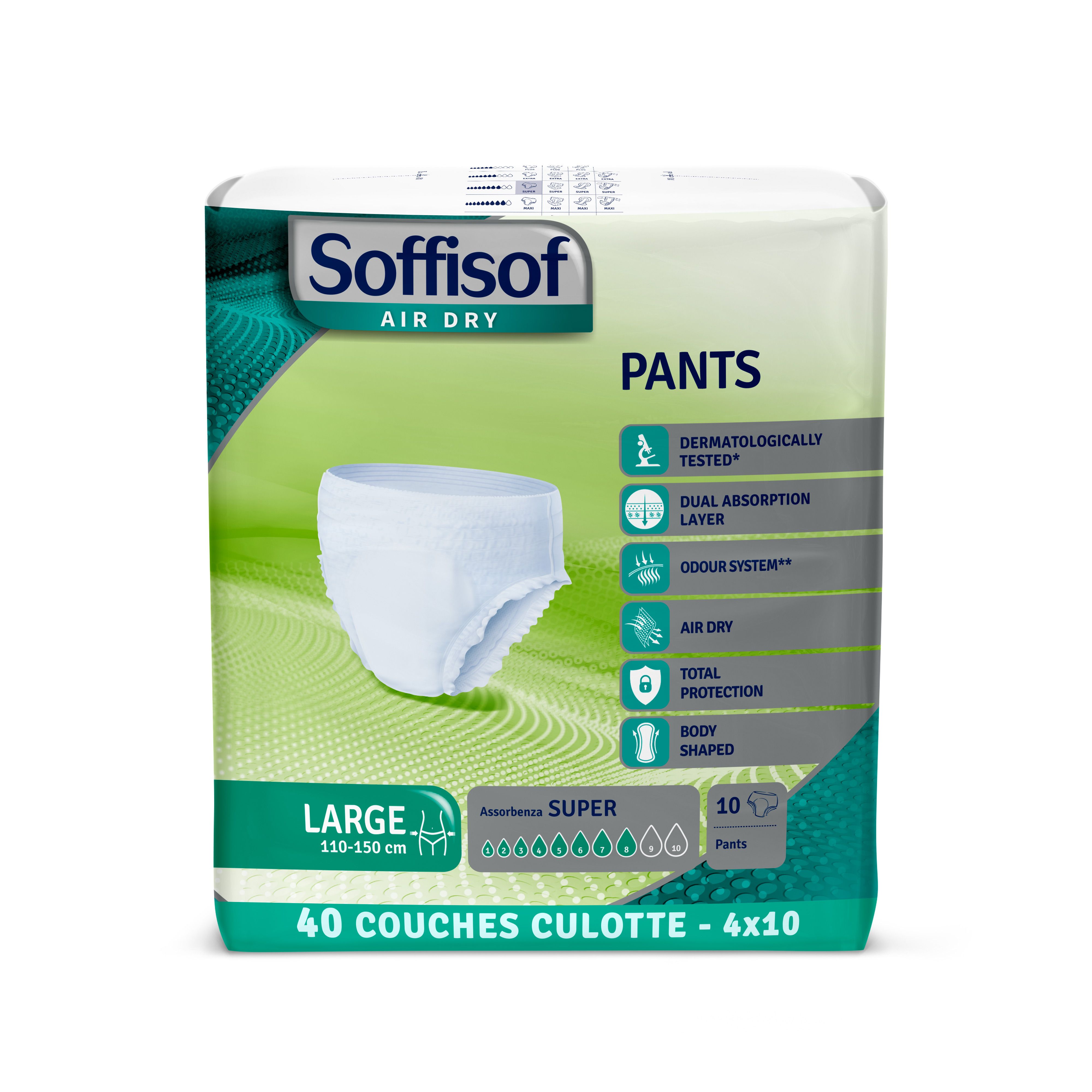 Soffisof Air Dry Pants, taille L, 110-150 cm, super absorption, 40 pièces. Emballage avec image et caractéristiques du produit.
