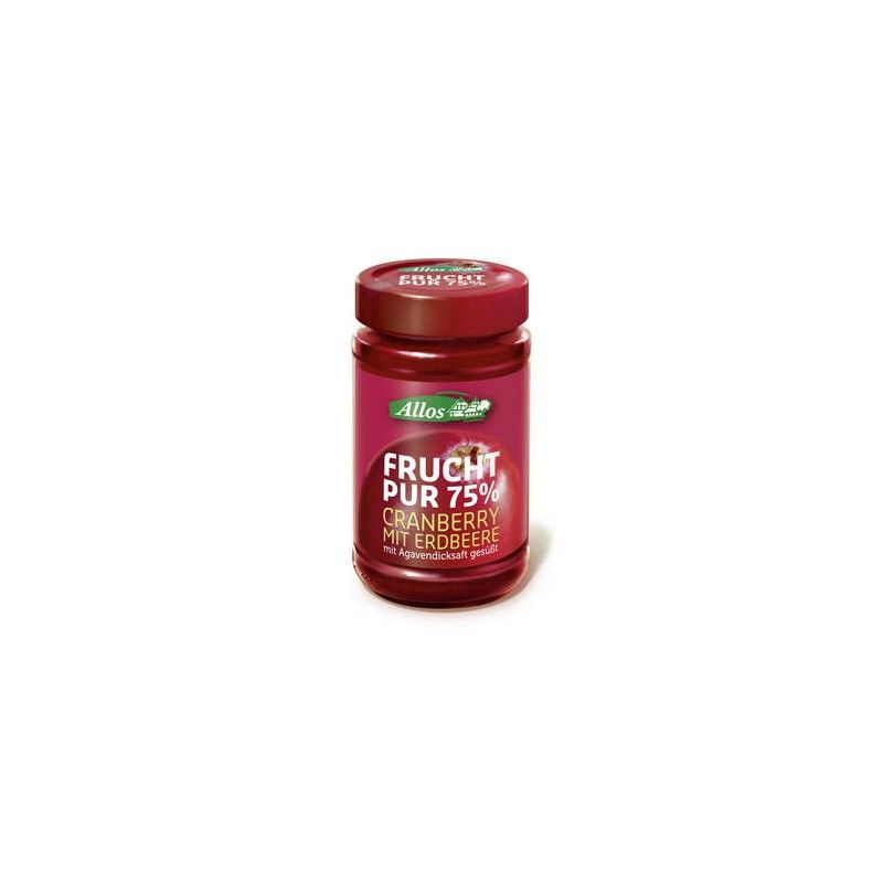 Rundes Glas mit rotem Deckel. Aufschrift: FRUCHT PUR 75% CRANBERRY MIT ERDBEERE. Marke: Allos.