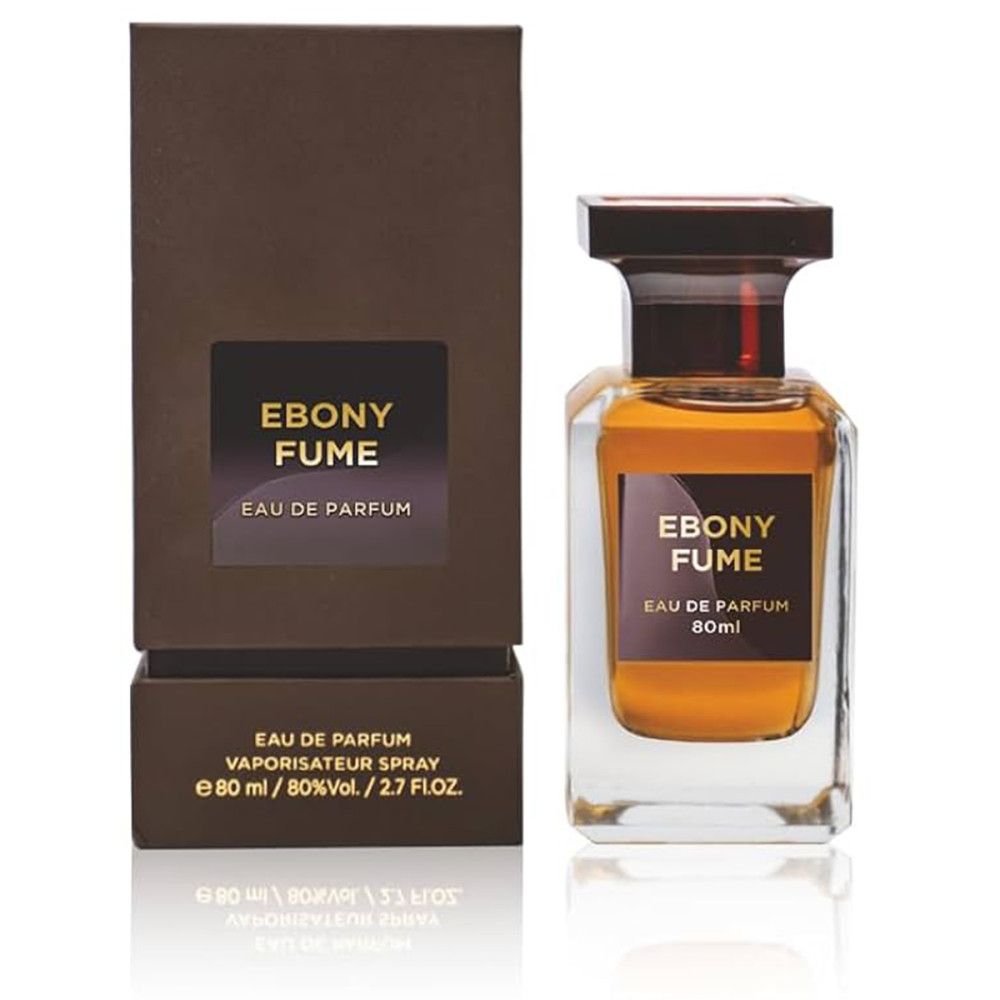 Parfümflasche und Verpackung. Flasche mit braunem Verschluss, Etikett mit "EBONY FUME". Verpackung mit Logo.
