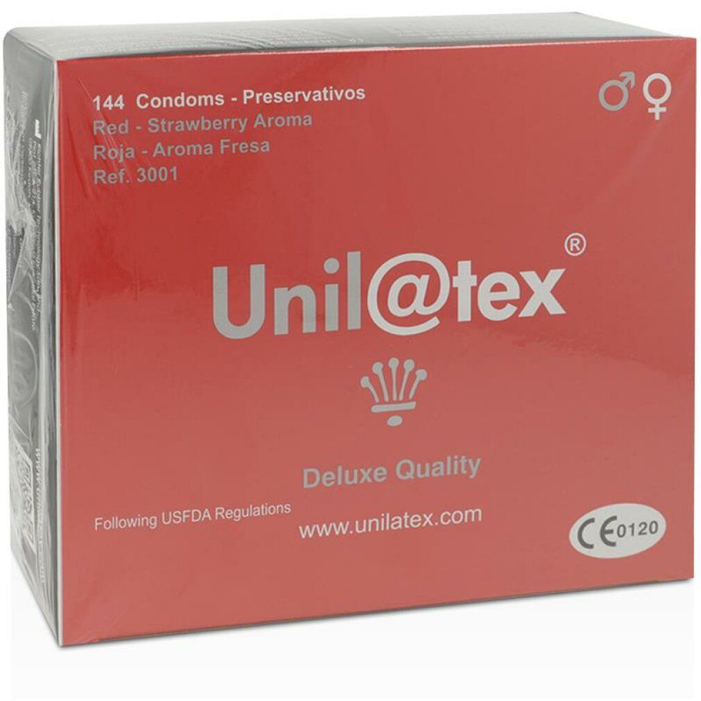 Rote Unil@tex-Verpackung, 144 Kondome, Erdbeeraroma. CE-Kennzeichnung.