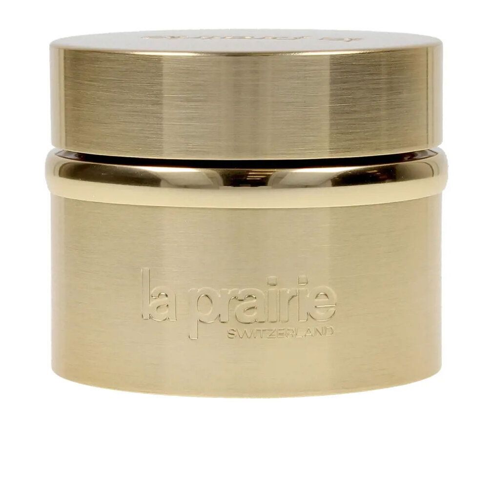 Goldfarbener Tiegel mit Deckel. Geprägt: La Prairie, Switzerland. Zylindrische Form, glatte Oberfläche.