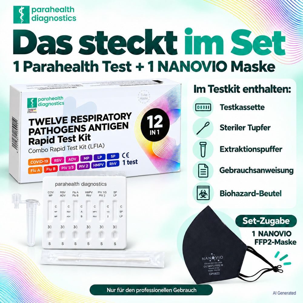 Parahahealth Diagnostics 12-in-1 Kombi-Schnelltestkit für Atemwegserreger mit NANOVIO FFP2-Maske.