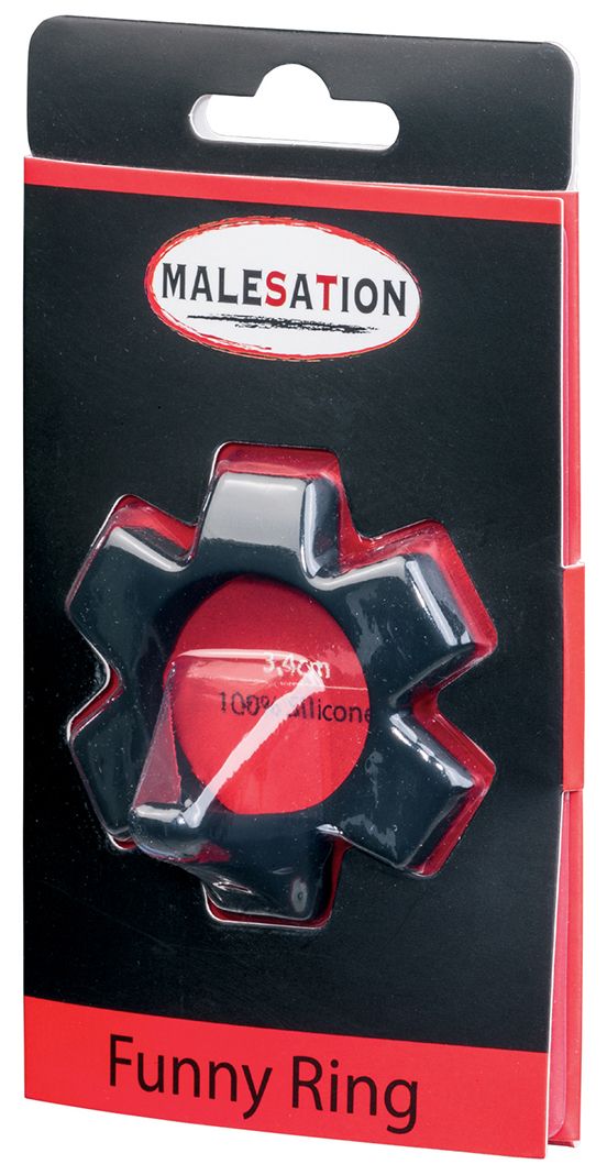 Schwarzer Ring in roter Verpackung. Aufschrift: MALESATION. Text: Funny Ring. Material: 100% Silikon.