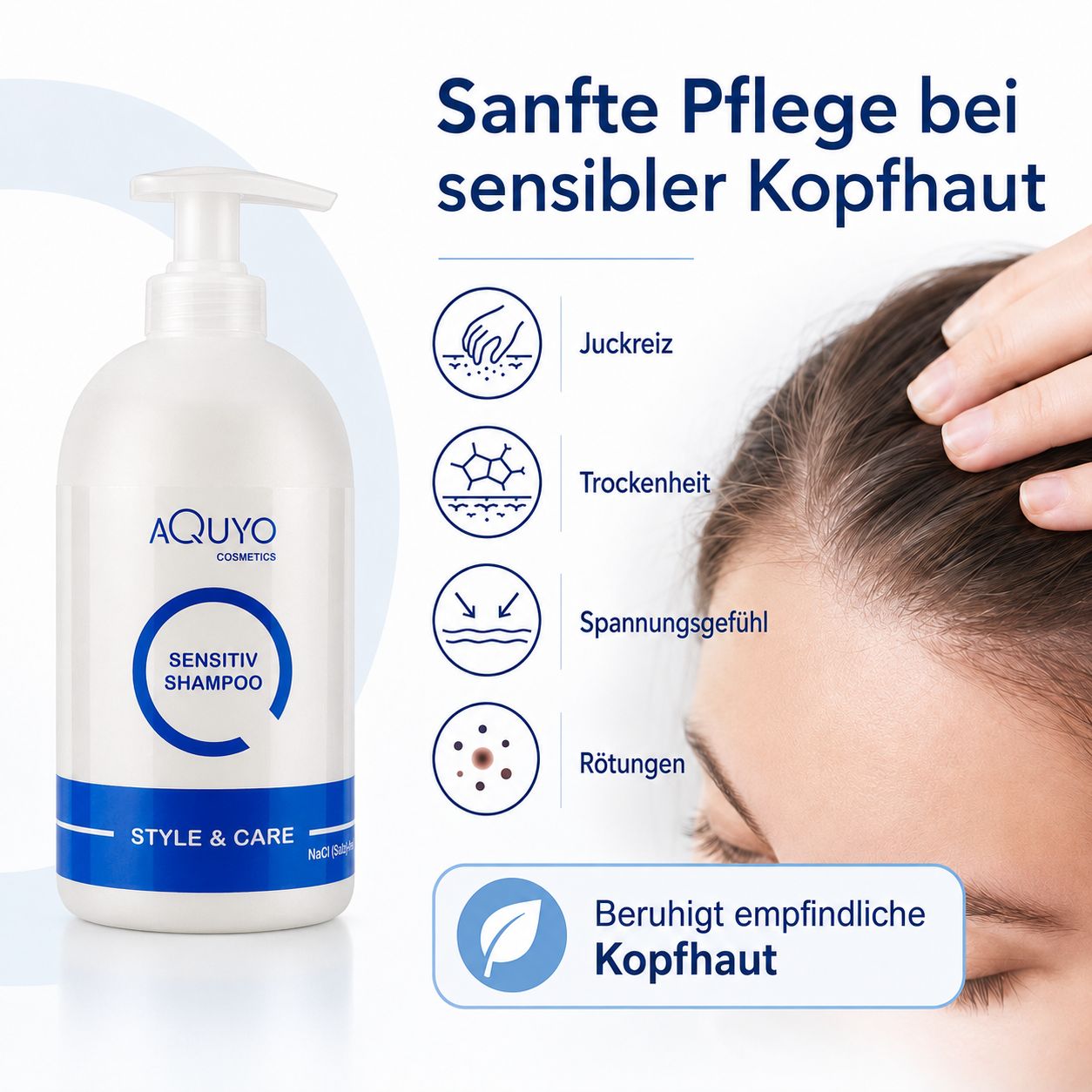 AQUYO SENSITIV SHAMPOO: Sanfte Pflege bei juckender, trockener Kopfhaut. Beruhigt empfindliche Kopfhaut.