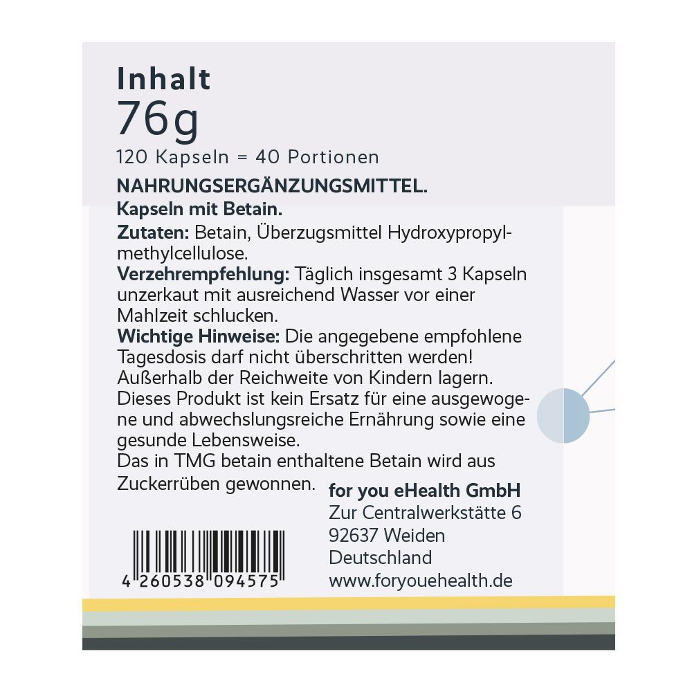 Etikett mit Informationen: Inhaltsstoffe, Verzehrempfehlung, Hinweise. Text: "for you eHealth GmbH".
