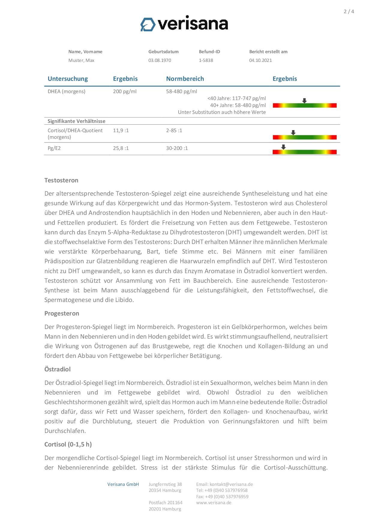 Laborbericht mit Testergebnissen. Enthält Informationen zu DHEA, Testosteron, Cortisol und Pg/E2.