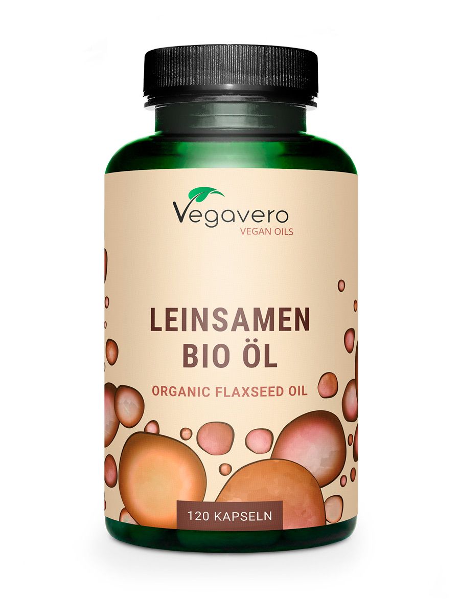 Grüne Flasche mit schwarzen Deckel. Aufschrift: Leinsamen Bio Öl. 120 Kapseln. Vegavaro Vegan Oils.