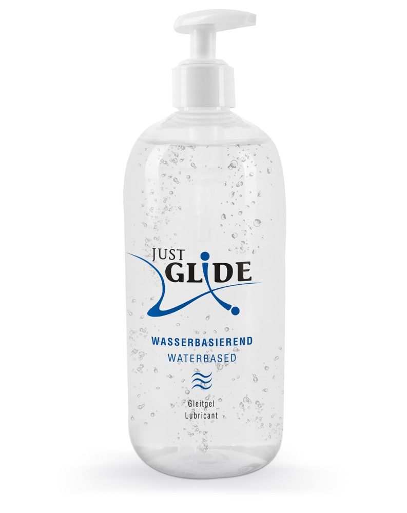 Transparente Flasche mit Dosierpumpe. Aufschrift: JUST GLIDE, Wasserbasiert, Gleitgel.