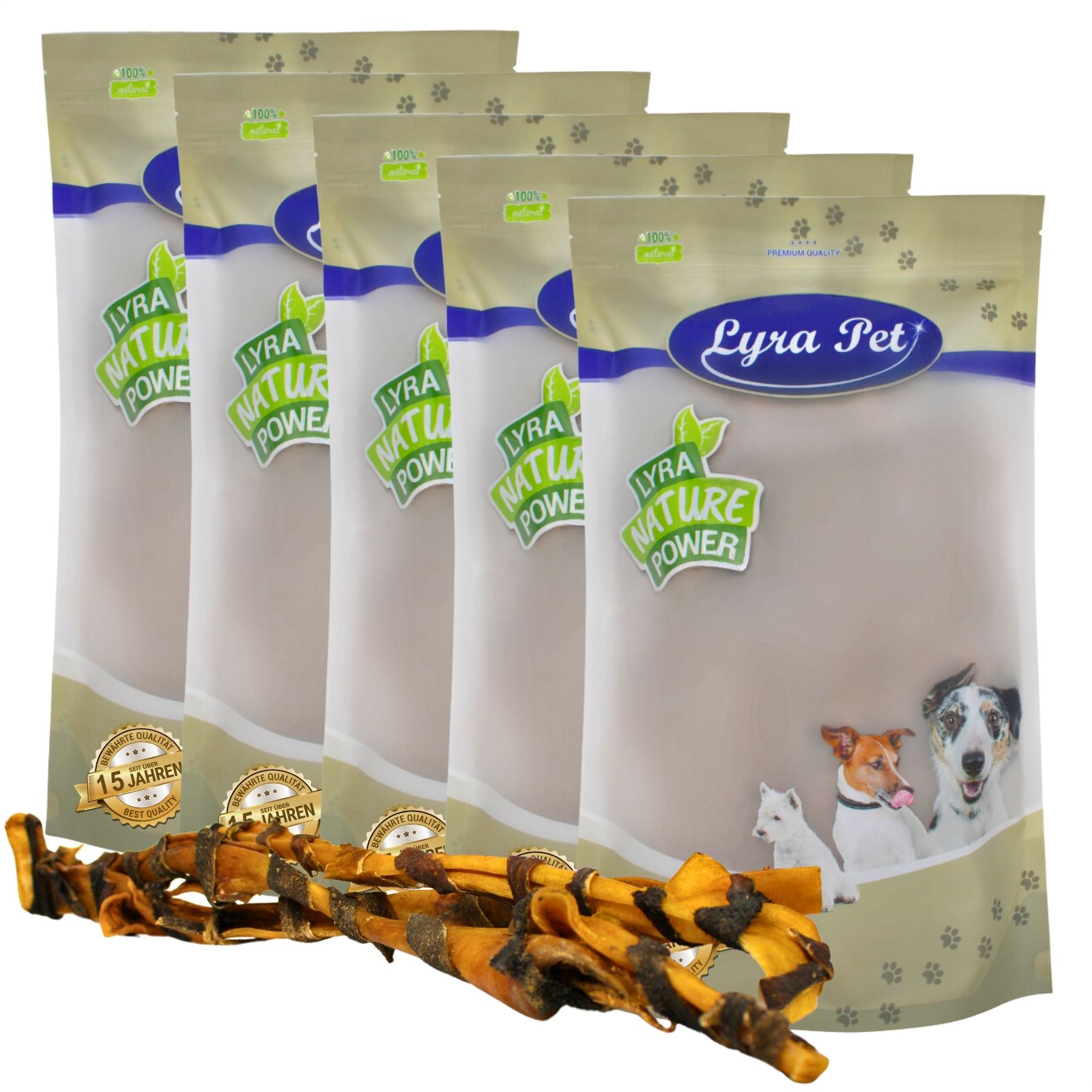 Mehrere Packungen Lyra Pet® Rinderkopfhautstangen mit Pansen, mit Kauartikeln.