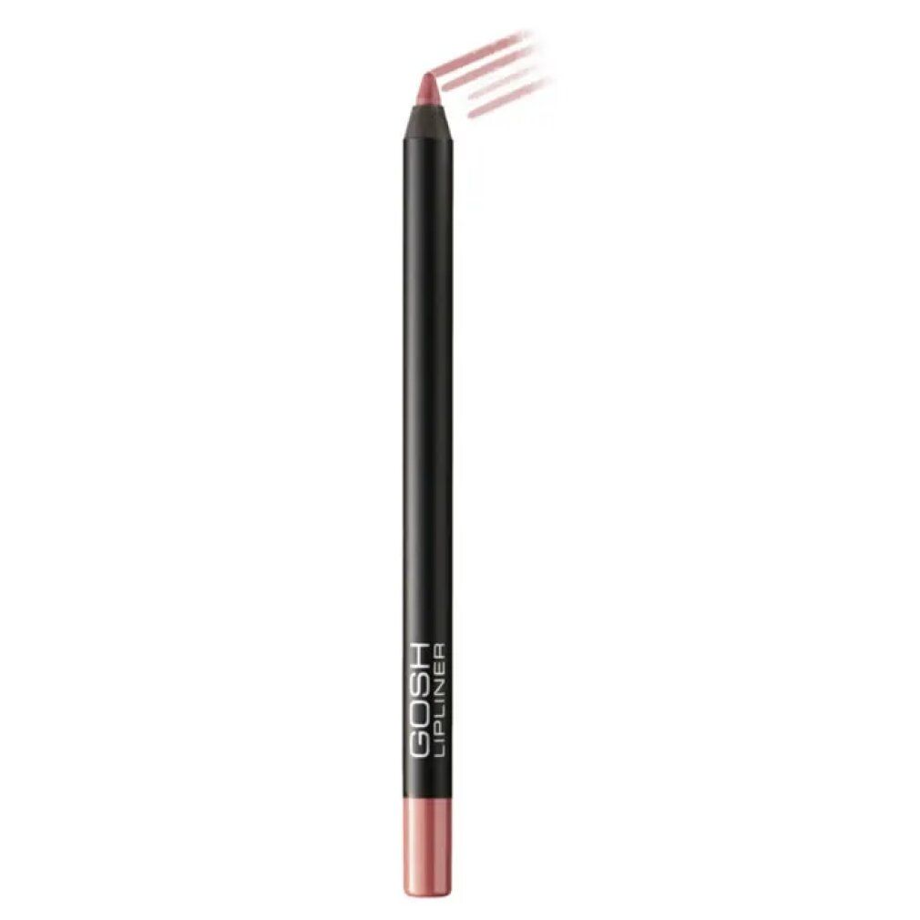 GOSH Lipliner, rosa. Schwarzer Stift mit rosafarbener Spitze und Farbabstrich. Marke und Produktname sichtbar.