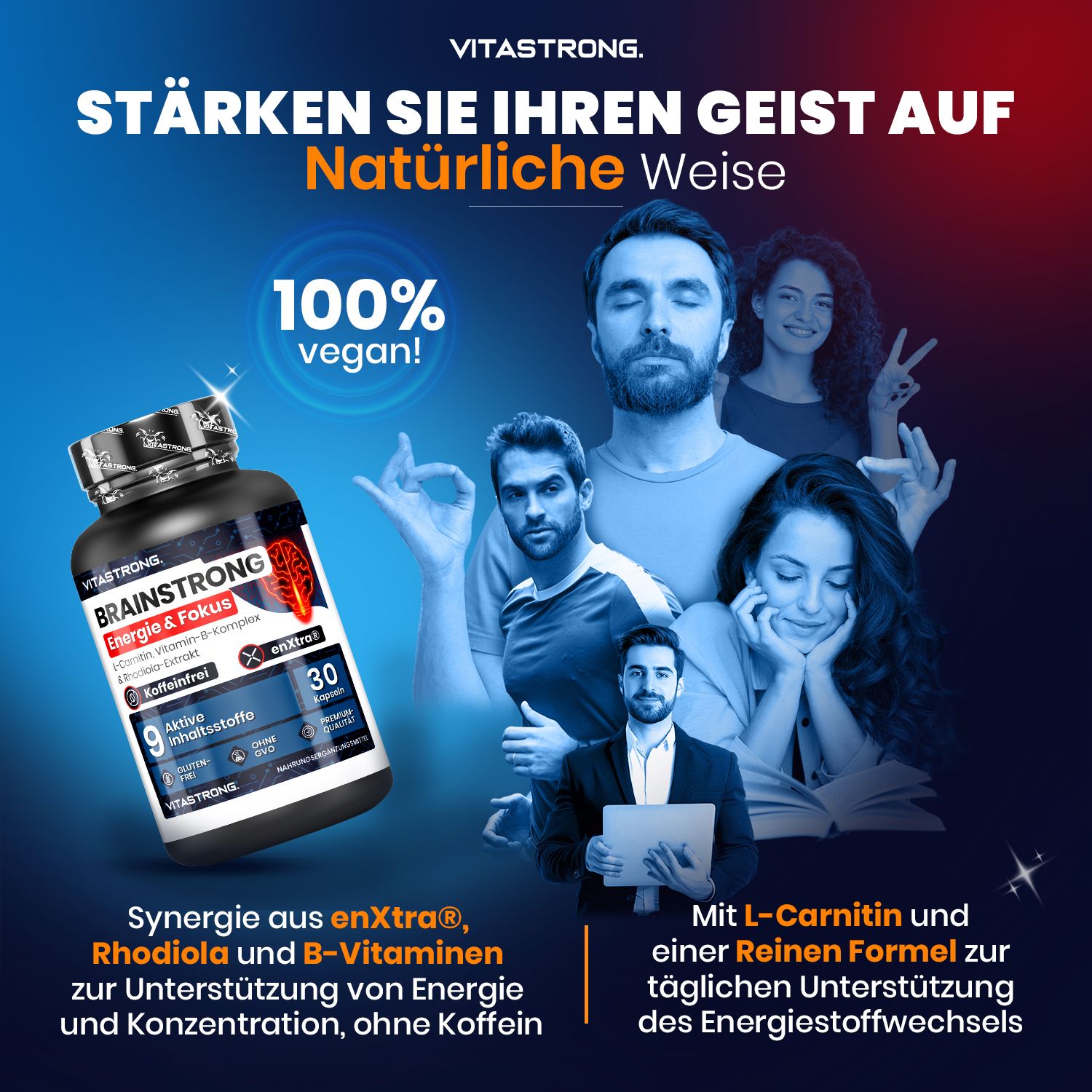 Vitastrong-Anzeige. Flasche Brainstrong. Text: 100% vegan. Synergie von enXtra, Rhodiola und Vitamin B. Ohne Koffein.